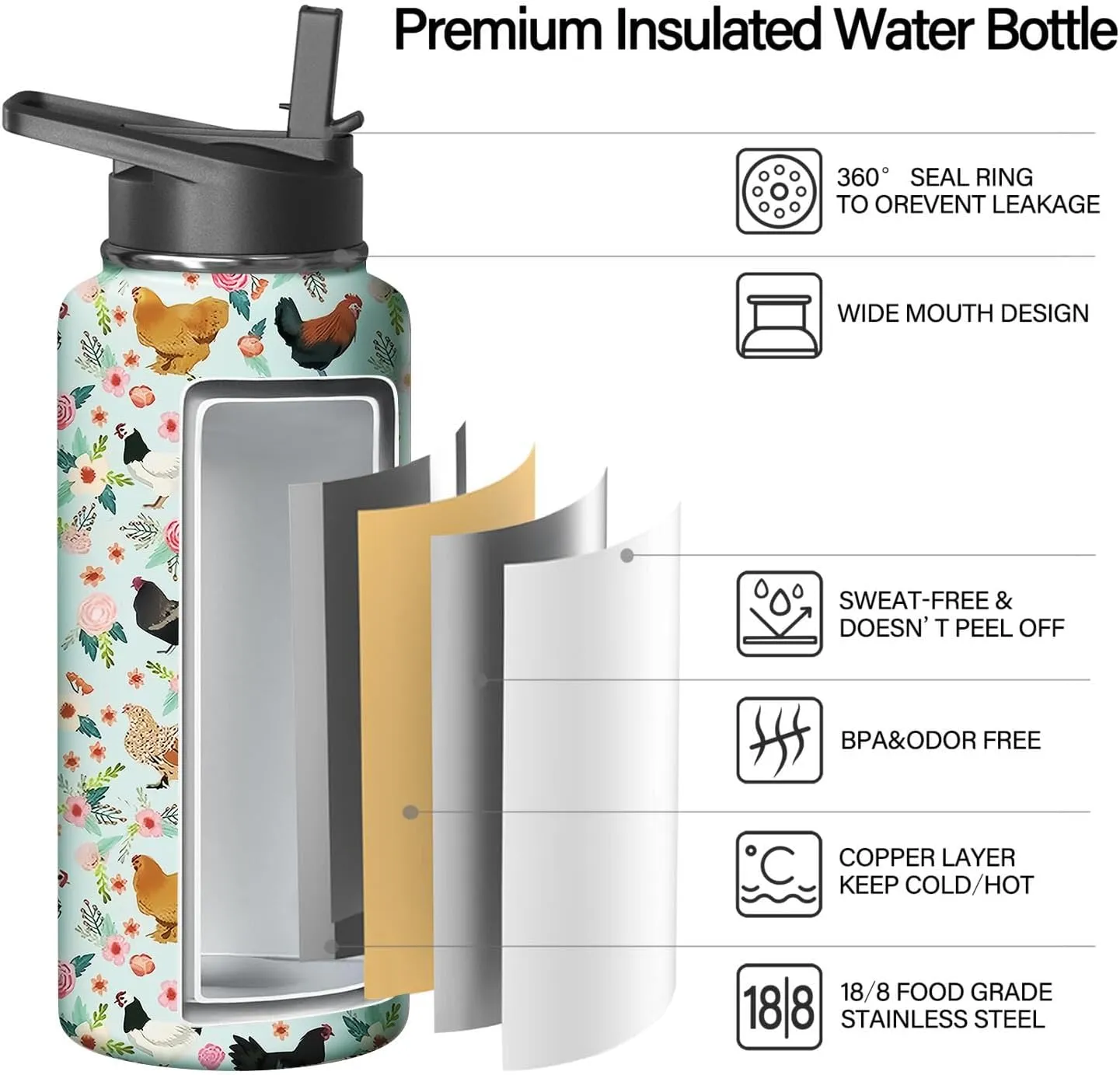 32oz Chicken Water Bottle with Handle and Flip Straw, Animal Sports Stainless Steel Insulated Cup Travel Coffee Mug Tumbler, Birthday Mothers Day Chritmas Gifts for Women
