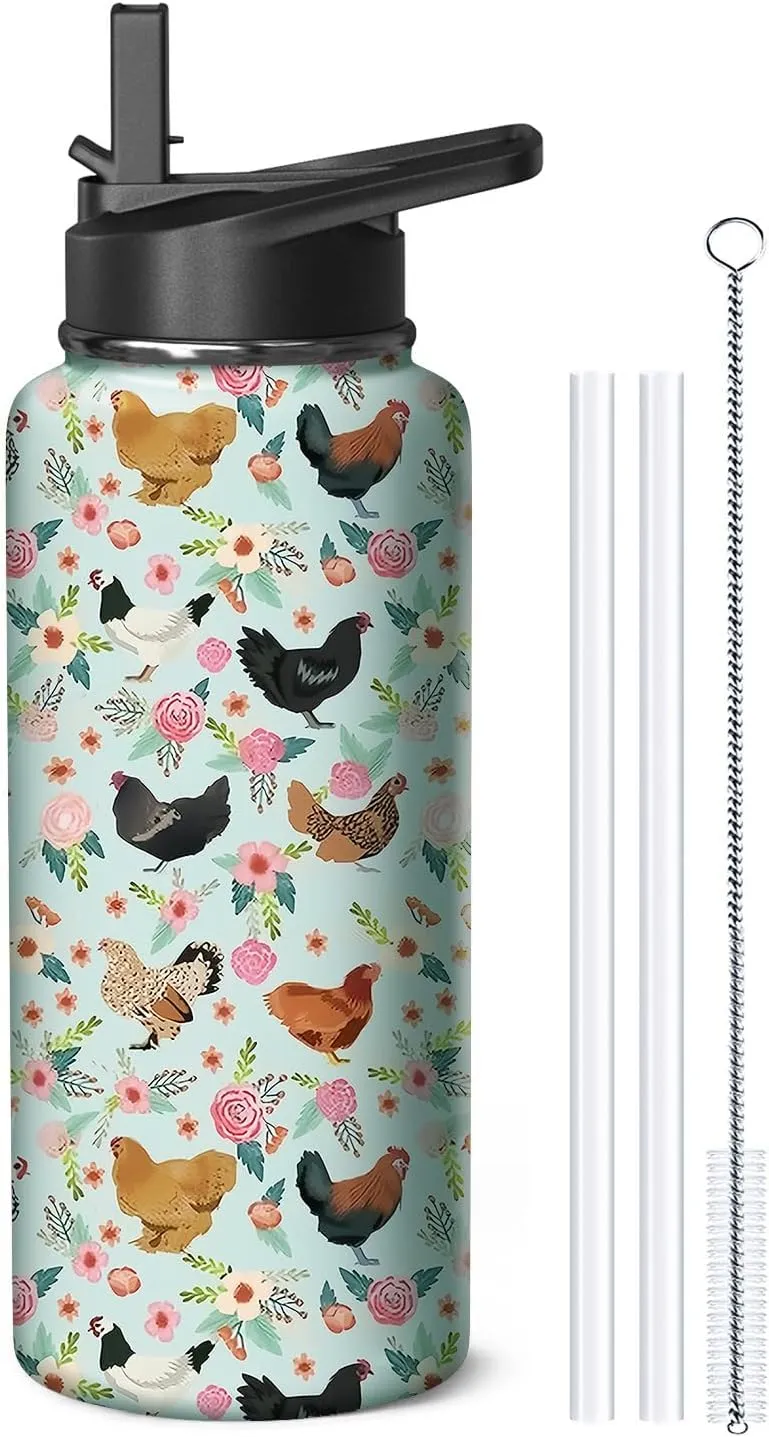 32oz Chicken Water Bottle with Handle and Flip Straw, Animal Sports Stainless Steel Insulated Cup Travel Coffee Mug Tumbler, Birthday Mothers Day Chritmas Gifts for Women