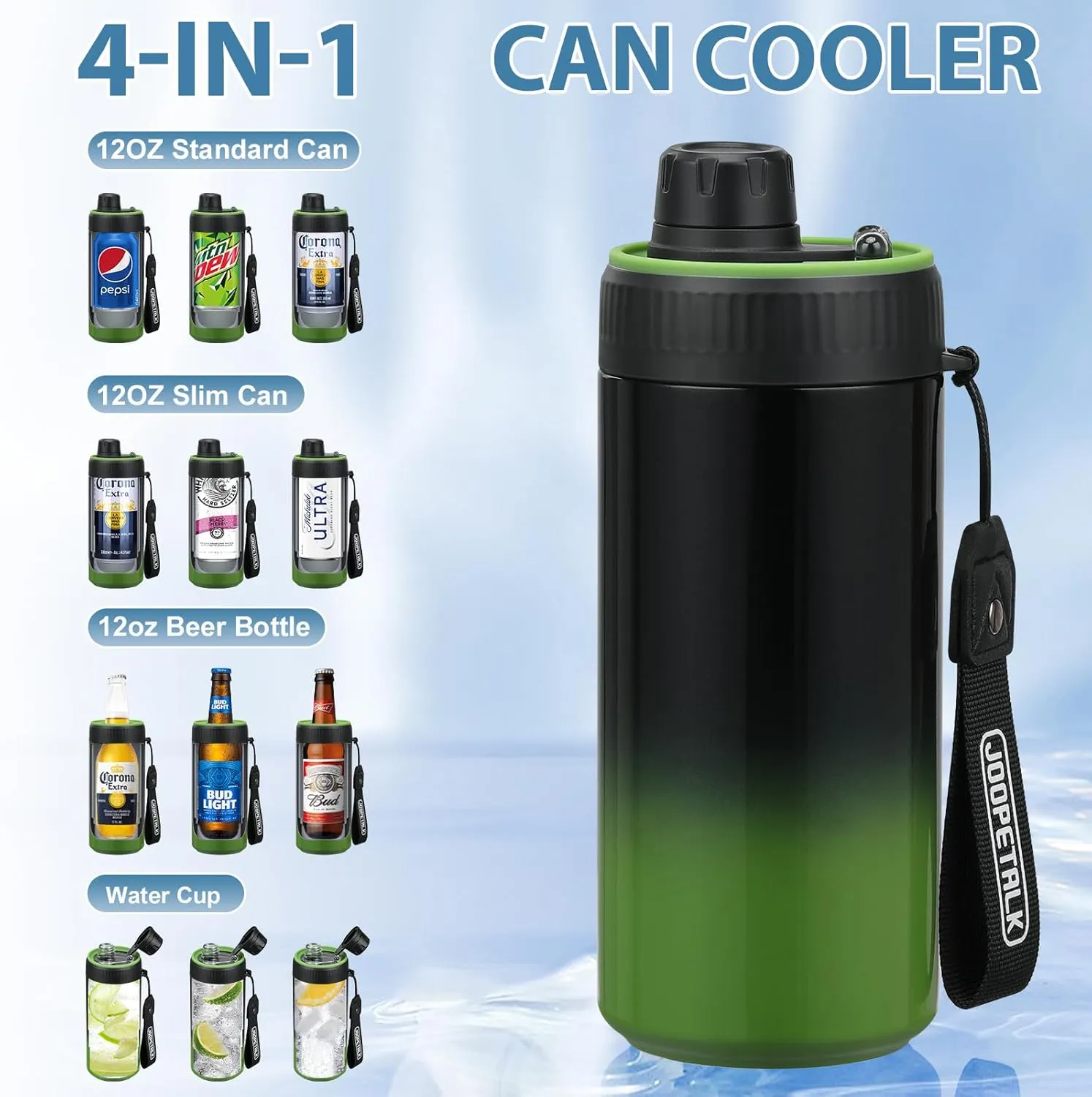 4-in-1 Universal Can Cooler Fits 12 Oz Standard, Slim Cans and Bottles   100% Leak Proof Water Bottle with Lid | Insulated for Beer, Soda, and Energy Drinks, Dishwasher Safe