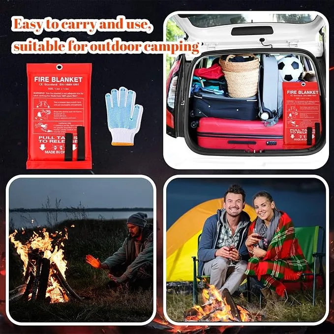 4 Sets Fire Blankets Emergency for Home Kitchen, Large Fiberglass Fire Suppression Blanket with Gloves Flame Retardant Survival Safety Blanket for Fireplace Office Warehouse Car Camping (59 x 59 Inch)