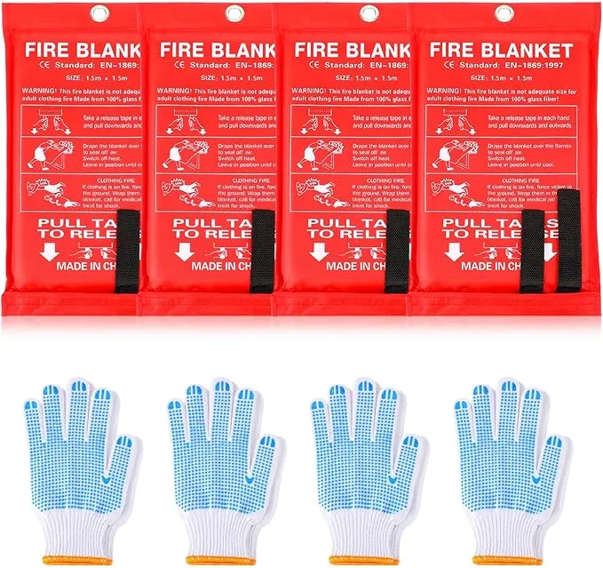 4 Sets Fire Blankets Emergency for Home Kitchen, Large Fiberglass Fire Suppression Blanket with Gloves Flame Retardant Survival Safety Blanket for Fireplace Office Warehouse Car Camping (59 x 59 Inch)