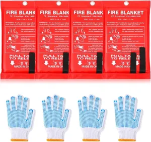 4 Sets Fire Blankets Emergency for Home Kitchen, Large Fiberglass Fire Suppression Blanket with Gloves Flame Retardant Survival Safety Blanket for Fireplace Office Warehouse Car Camping (59 x 59 Inch)