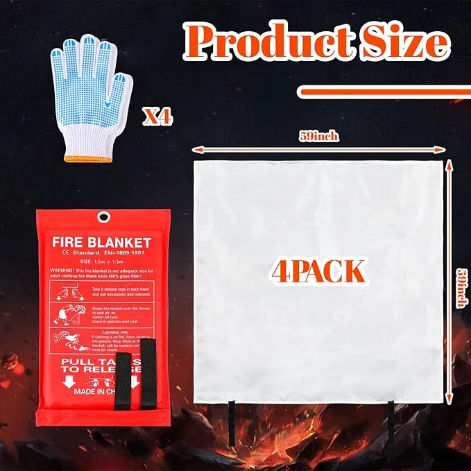 4 Sets Fire Blankets Emergency for Home Kitchen, Large Fiberglass Fire Suppression Blanket with Gloves Flame Retardant Survival Safety Blanket for Fireplace Office Warehouse Car Camping (59 x 59 Inch)