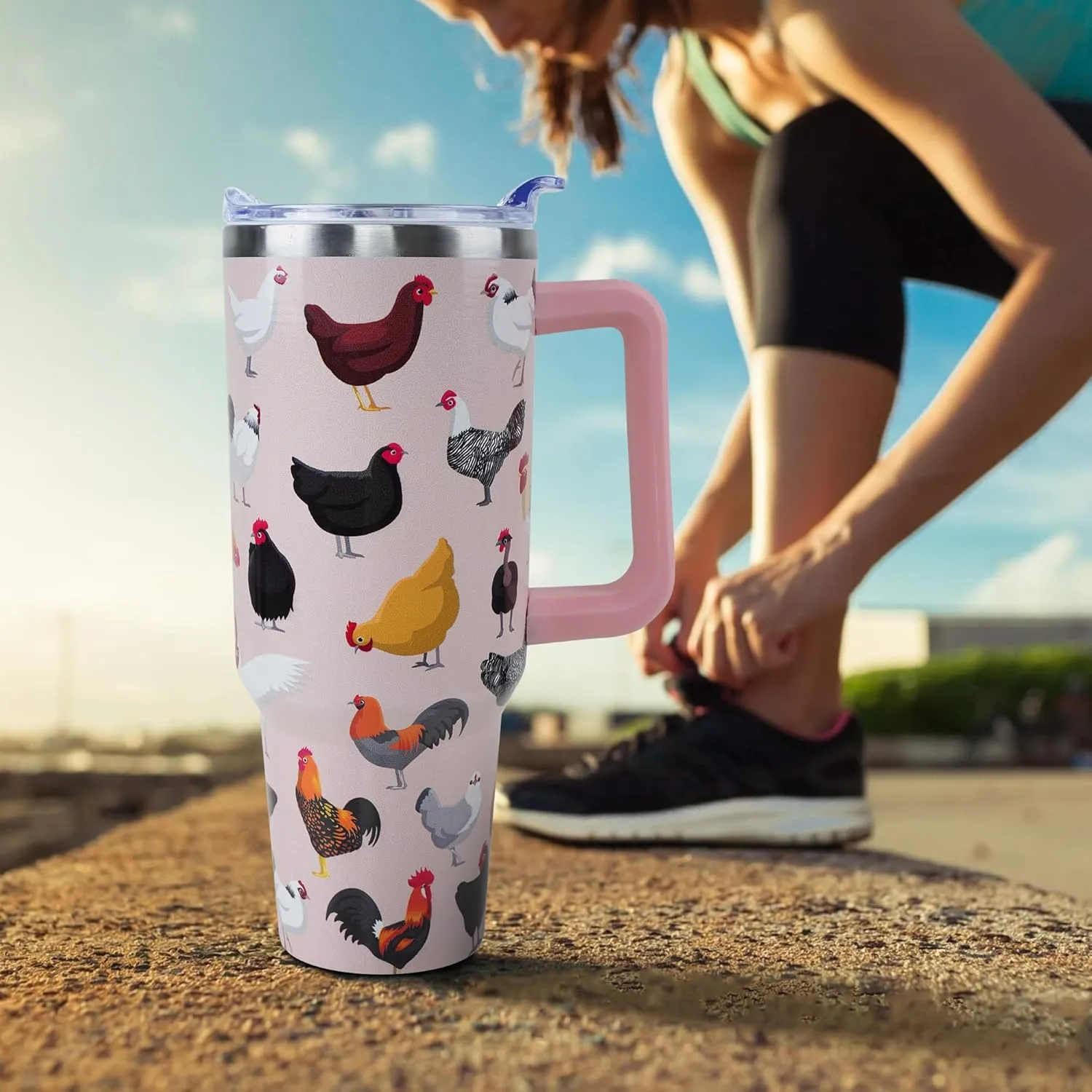 40 oz Chicken Tumbler with Handle and Straw, Travel Mug Water Bottle, Rooster Stainless Steel Insulated Cup with Lid and Straw, Birthday Tanksgiving Day Christmas Gifts