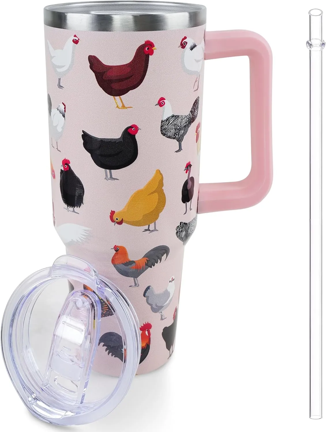 40 oz Chicken Tumbler with Handle and Straw, Travel Mug Water Bottle, Rooster Stainless Steel Insulated Cup with Lid and Straw, Birthday Tanksgiving Day Christmas Gifts