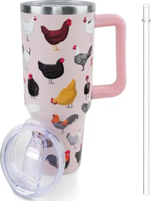 40 oz Chicken Tumbler with Handle and Straw, Travel Mug Water Bottle, Rooster Stainless Steel Insulated Cup with Lid and Straw, Birthday Tanksgiving Day Christmas Gifts