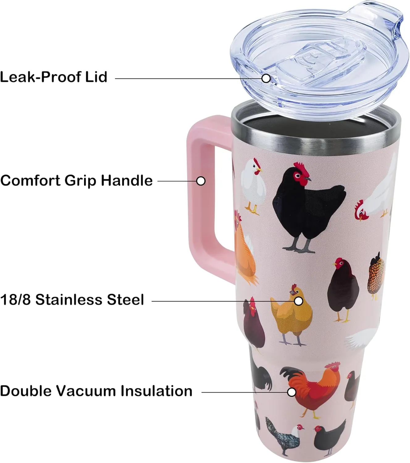 40 oz Chicken Tumbler with Handle and Straw, Travel Mug Water Bottle, Rooster Stainless Steel Insulated Cup with Lid and Straw, Birthday Tanksgiving Day Christmas Gifts