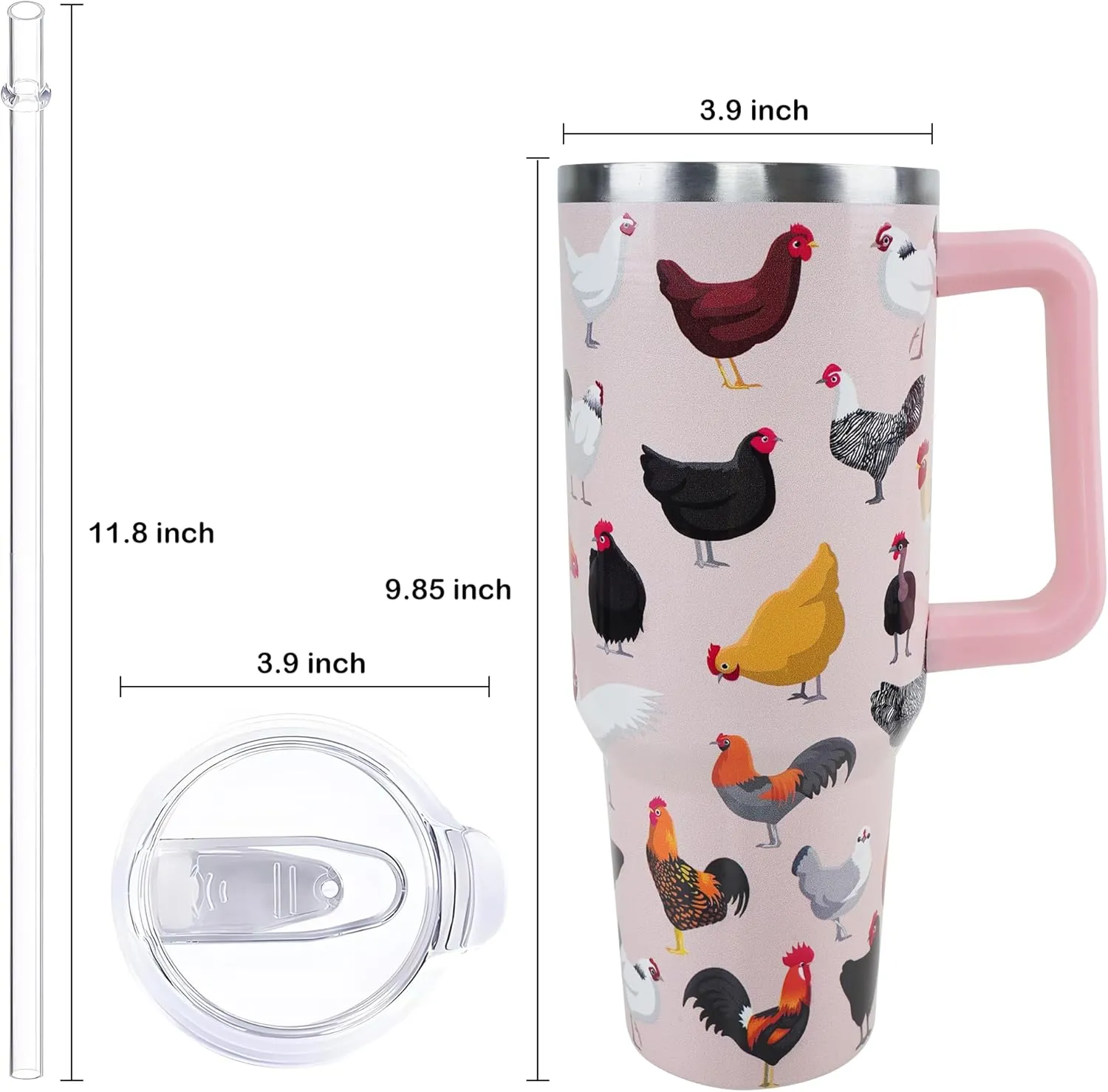 40 oz Chicken Tumbler with Handle and Straw, Travel Mug Water Bottle, Rooster Stainless Steel Insulated Cup with Lid and Straw, Birthday Tanksgiving Day Christmas Gifts
