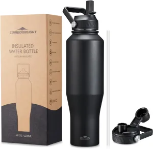 40oz Insulated Water Bottle Stainless Steel, Double Wall Vacuum Bottles with Straw/Spout Lids, Leak-proof & BPA-free Tumblers, Keep Cold 24h & Hot 12h Fit in Any Car Cup Holder Black