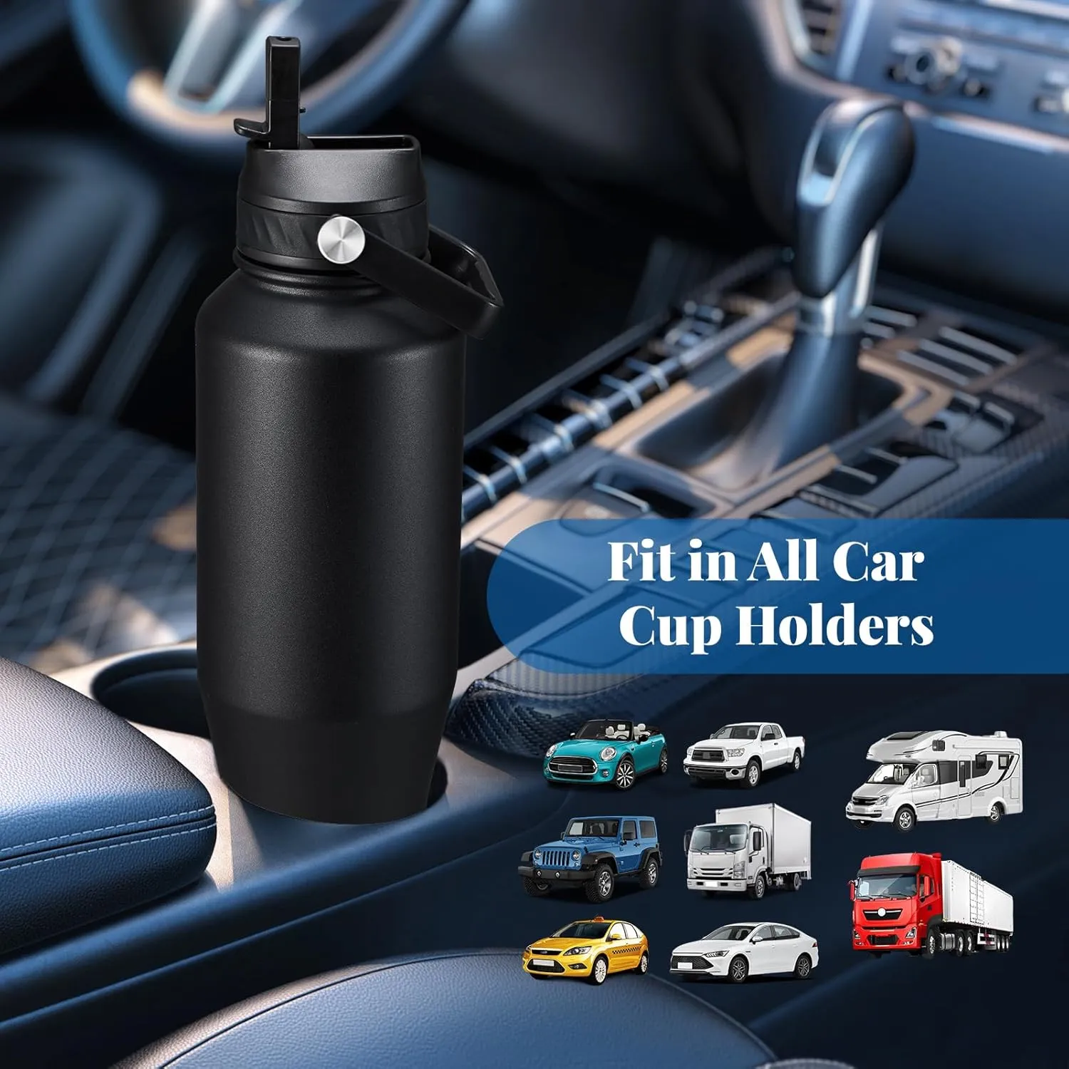 40oz Insulated Water Bottle Stainless Steel, Double Wall Vacuum Bottles with Straw/Spout Lids, Leak-proof & BPA-free Tumblers, Keep Cold 24h & Hot 12h Fit in Any Car Cup Holder Black