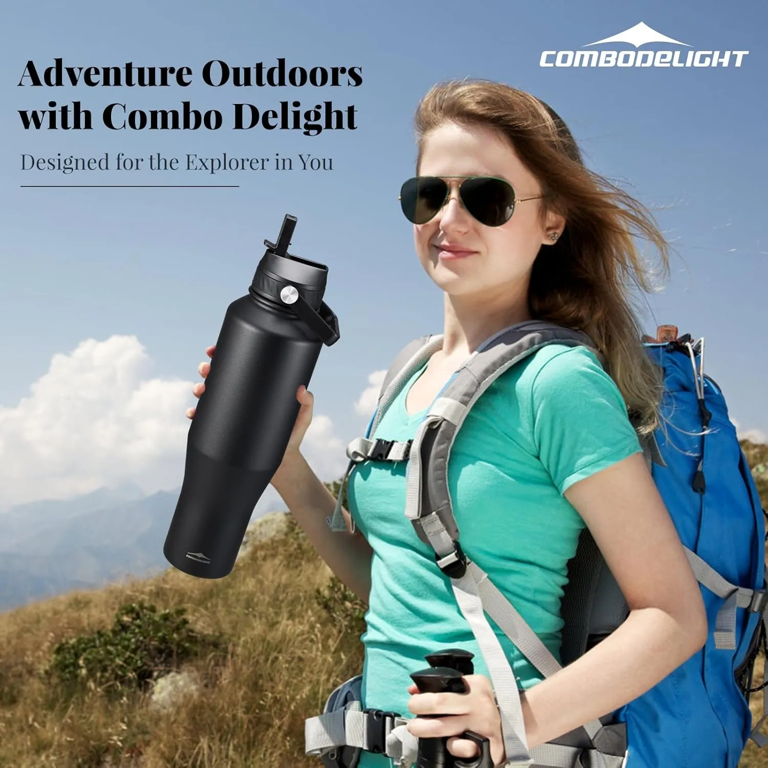40oz Insulated Water Bottle Stainless Steel, Double Wall Vacuum Bottles with Straw/Spout Lids, Leak-proof & BPA-free Tumblers, Keep Cold 24h & Hot 12h Fit in Any Car Cup Holder Black