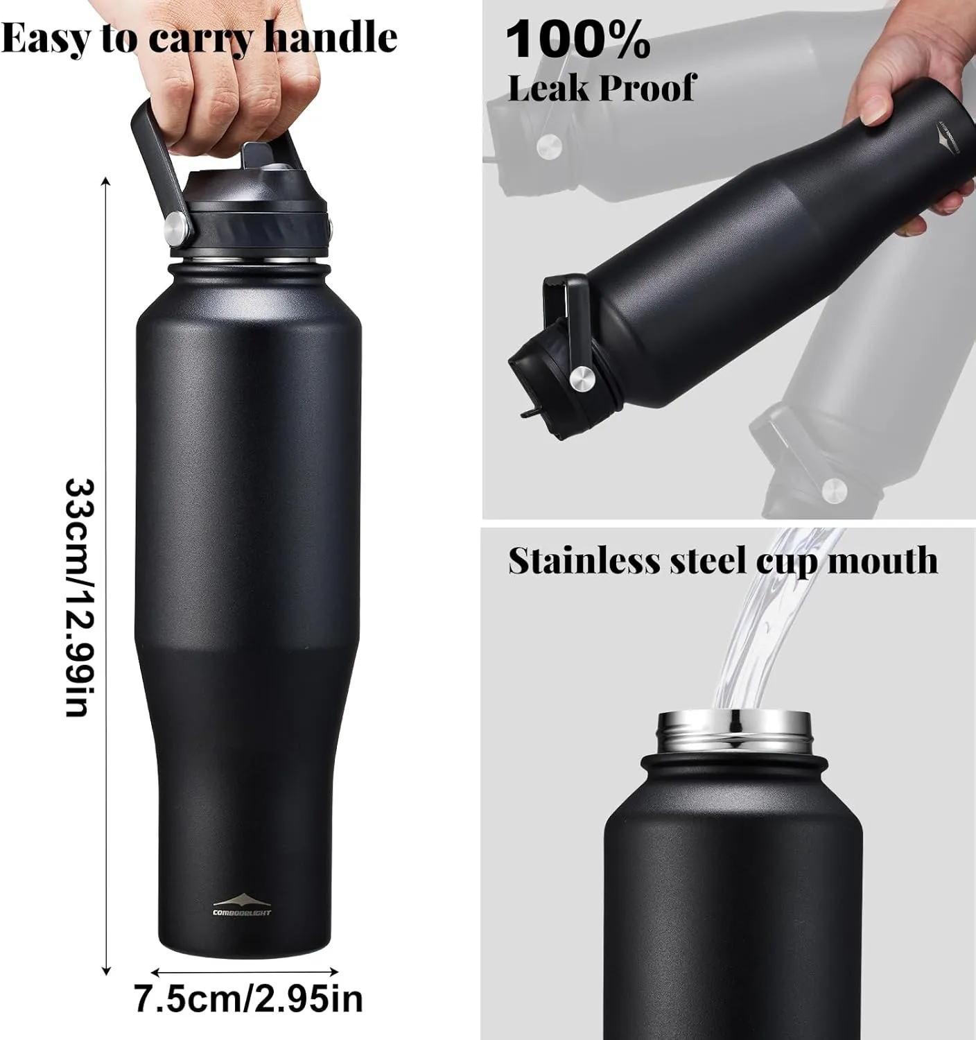 40oz Insulated Water Bottle Stainless Steel, Double Wall Vacuum Bottles with Straw/Spout Lids, Leak-proof & BPA-free Tumblers, Keep Cold 24h & Hot 12h Fit in Any Car Cup Holder Black