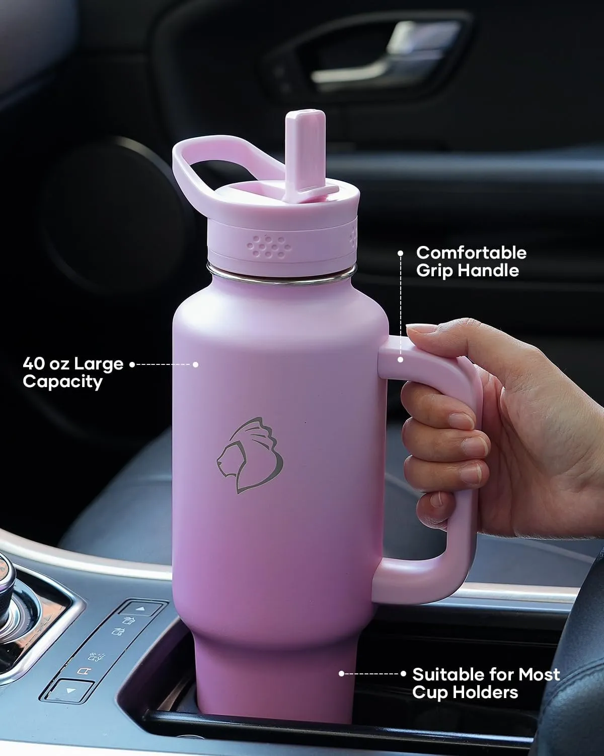 40oz Water Bottle Fits in Cup Holder, BUZIO Insulated Tumbler with Handle, Water Flask with Lid for Cold Hot, BPA-Free Sweat-Proof Wide Mouth Travel Mug for Sports, Gift for Him Her, Gradient Purple