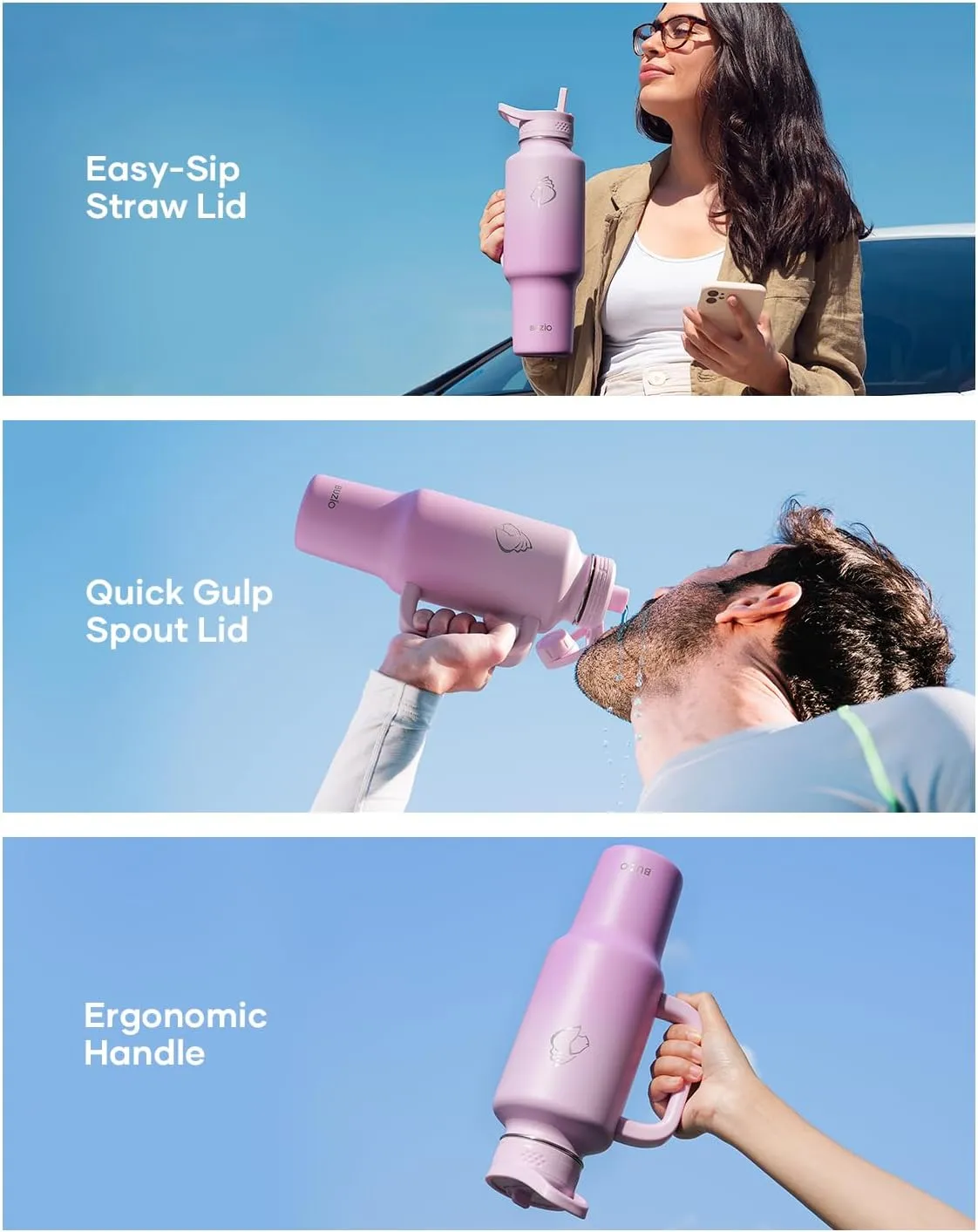 40oz Water Bottle Fits in Cup Holder, BUZIO Insulated Tumbler with Handle, Water Flask with Lid for Cold Hot, BPA-Free Sweat-Proof Wide Mouth Travel Mug for Sports, Gift for Him Her, Gradient Purple