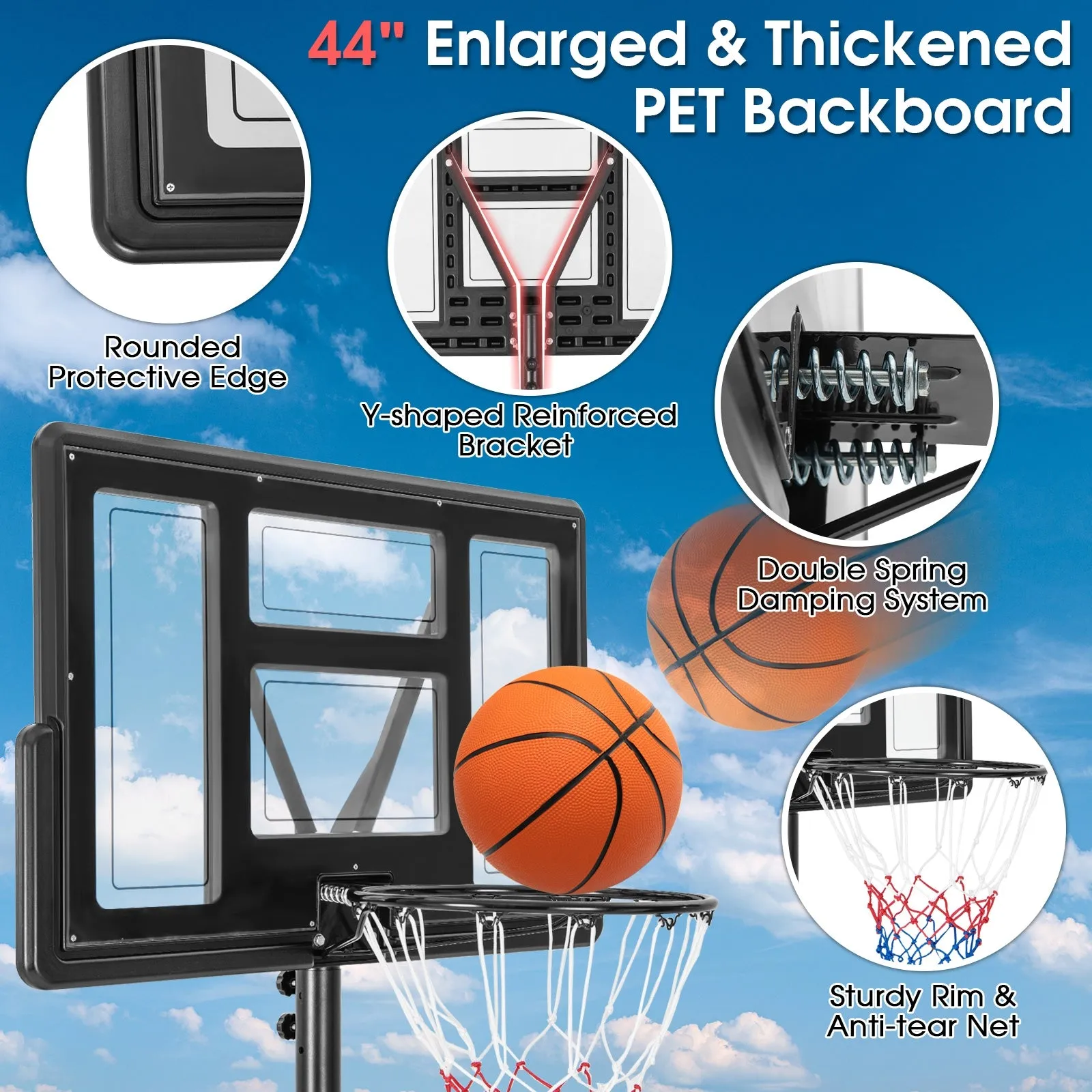 4.4-10 Feet Adjustable Basketball Hoop System with Weight Bag and 2 Nets