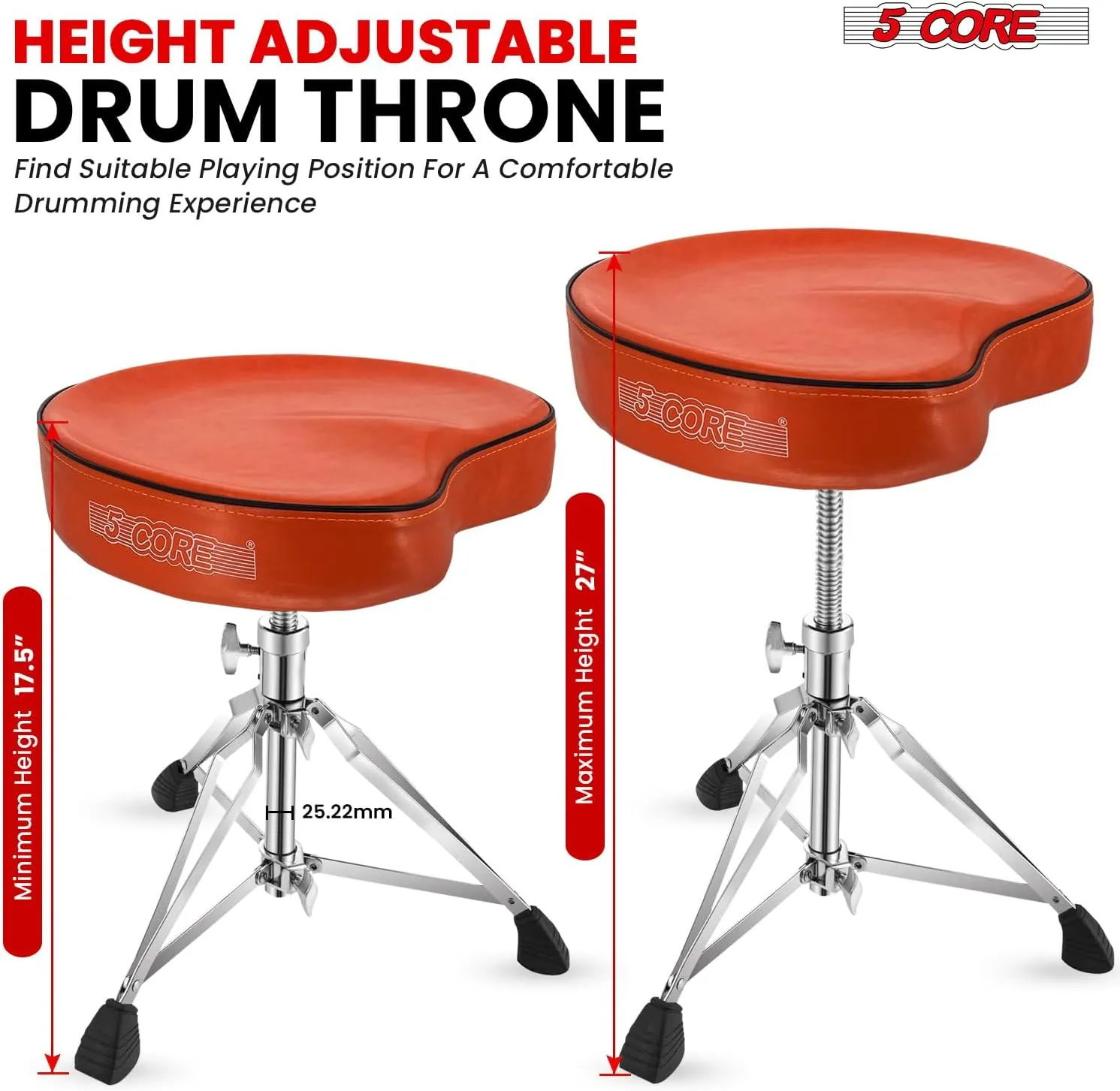 5 CORE Drum Throne Thick Padded Comfortable Guitar Stool with Memory Foam Heavy Duty Adjustable Padded Keyboard Chair Metal Piano Stool Premium Musician Chair DS CH ORG SDL HD