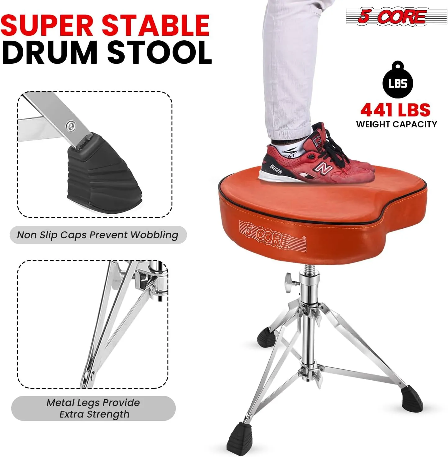 5 CORE Drum Throne Thick Padded Comfortable Guitar Stool with Memory Foam Heavy Duty Adjustable Padded Keyboard Chair Metal Piano Stool Premium Musician Chair DS CH ORG SDL HD