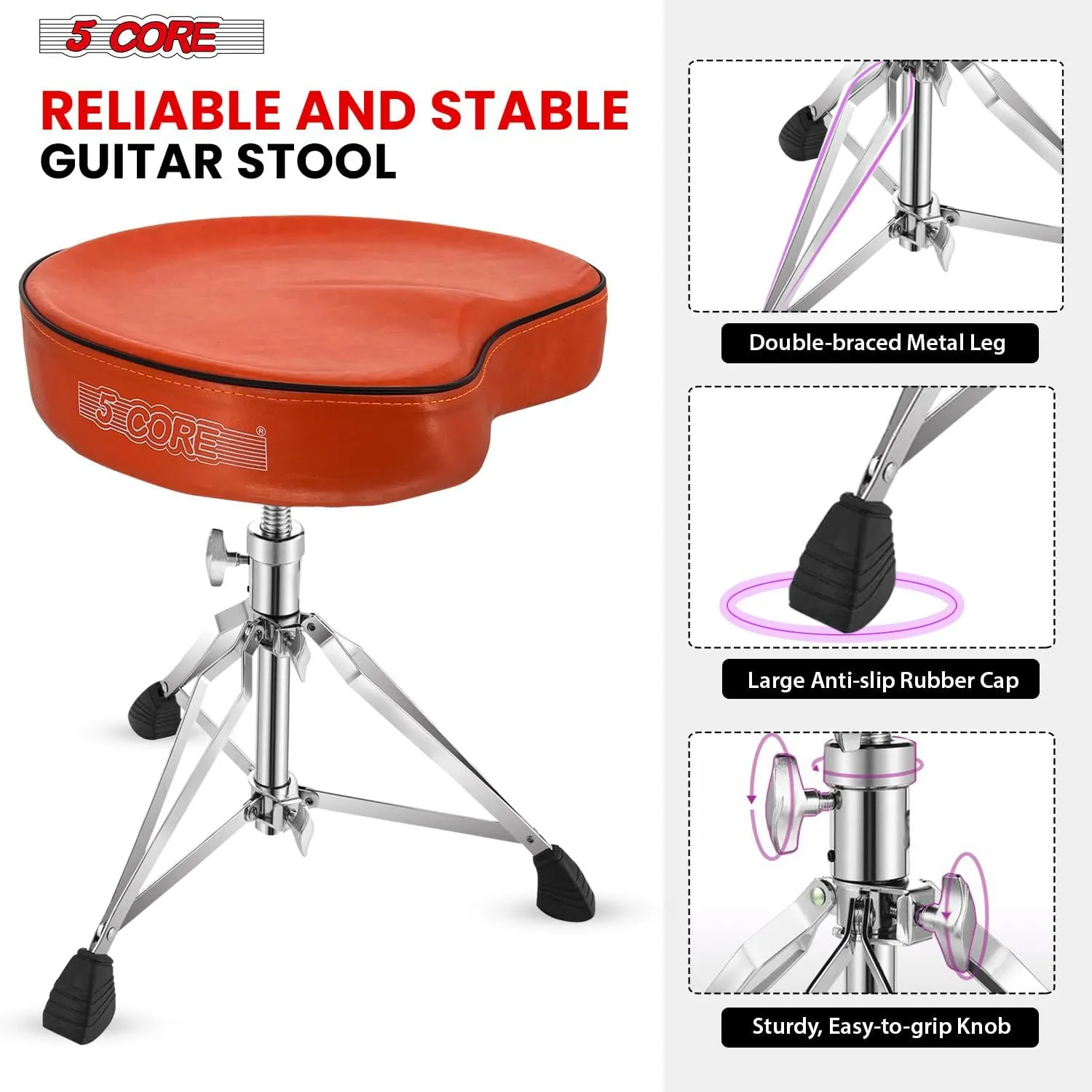 5 CORE Drum Throne Thick Padded Comfortable Guitar Stool with Memory Foam Heavy Duty Adjustable Padded Keyboard Chair Metal Piano Stool Premium Musician Chair DS CH ORG SDL HD