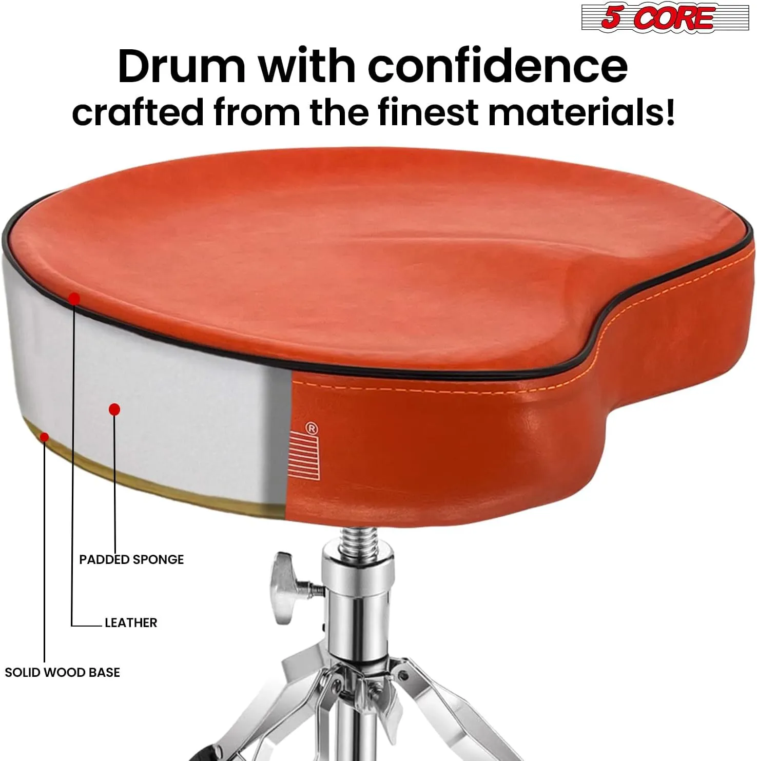 5 CORE Drum Throne Thick Padded Comfortable Guitar Stool with Memory Foam Heavy Duty Adjustable Padded Keyboard Chair Metal Piano Stool Premium Musician Chair DS CH ORG SDL HD