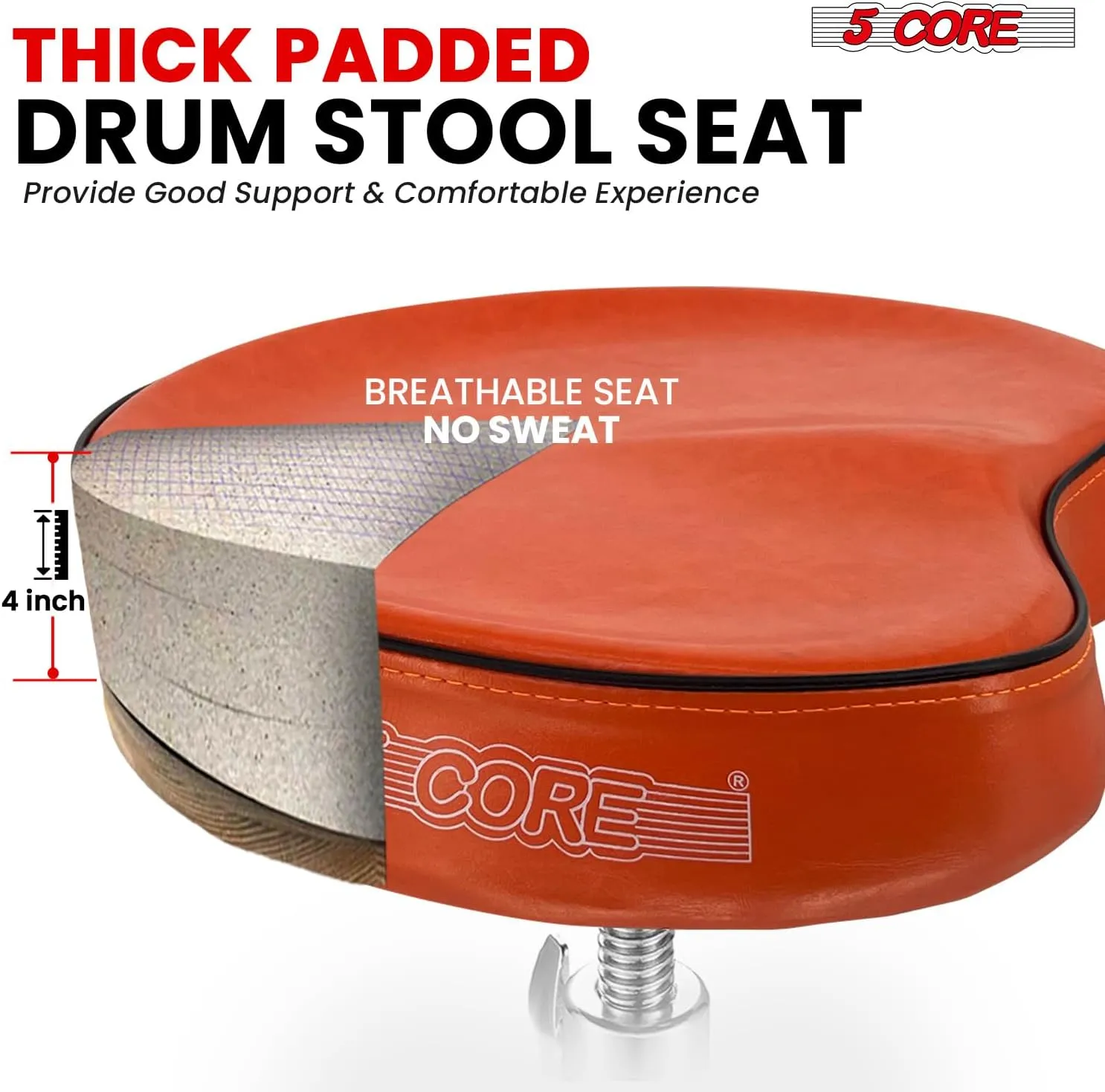 5 CORE Drum Throne Thick Padded Comfortable Guitar Stool with Memory Foam Heavy Duty Adjustable Padded Keyboard Chair Metal Piano Stool Premium Musician Chair DS CH ORG SDL HD