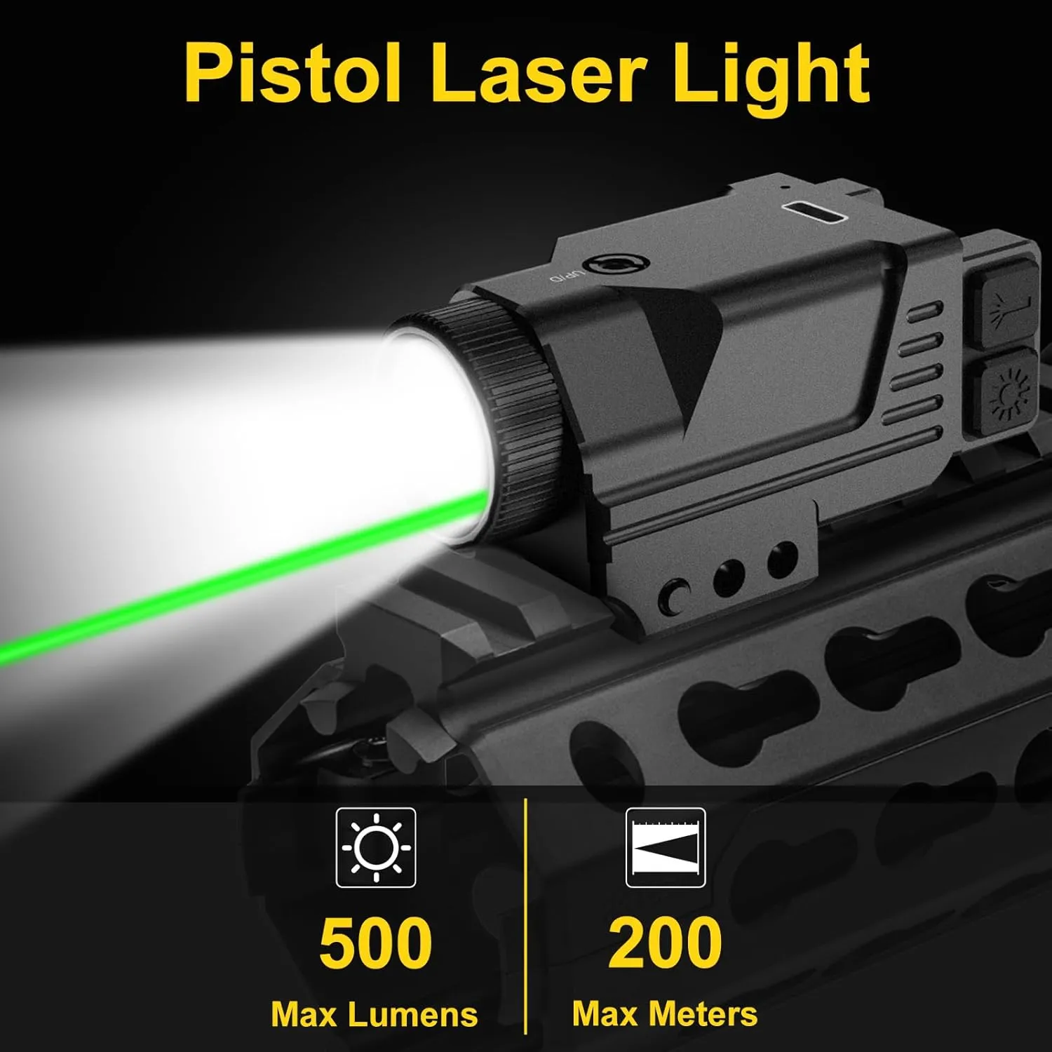 500 Lumens Compact Tactical Weapon Light, Green Laser Combo with Strobe & Constant Function, USB-TypeC Rechargeable Fits Standard Picatinny Rails, Includes High(500)/Low(200) Lumens Light