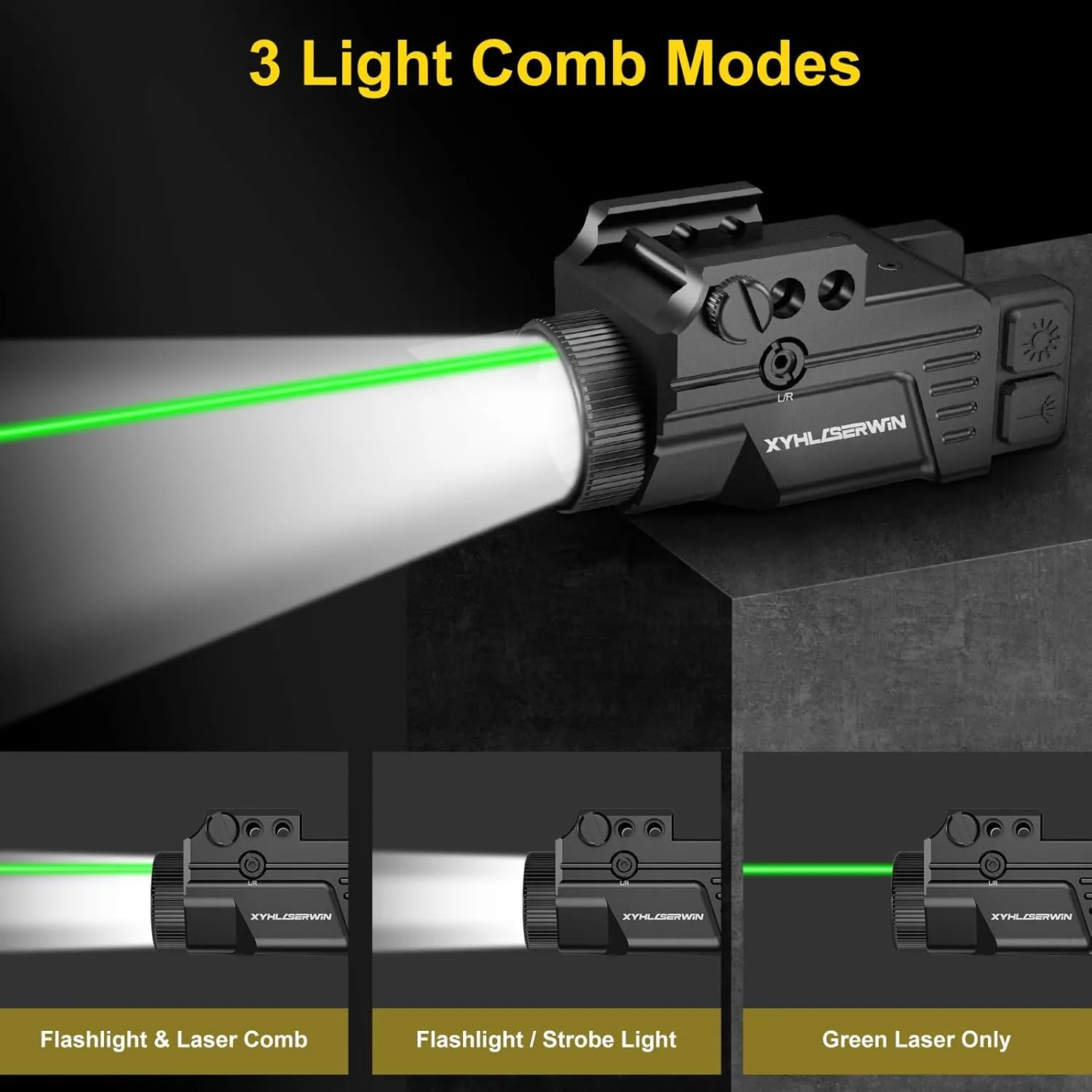 500 Lumens Compact Tactical Weapon Light, Green Laser Combo with Strobe & Constant Function, USB-TypeC Rechargeable Fits Standard Picatinny Rails, Includes High(500)/Low(200) Lumens Light