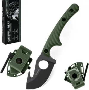 5.98" EDC Fixed Blade Knife Horizontal Carry Small Knife with Sheath, Fire Starter HO-YN, with Rotating Clip (Six-Way Carry), Muti-Tools Gut-hook, with Survival Whistle