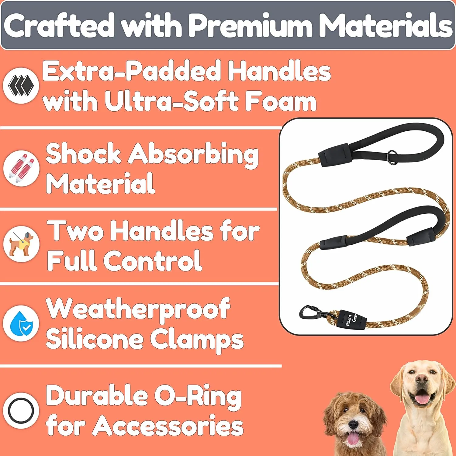 6 Foot Dog Leash, Two Extra Padded Handles, Heavy Duty Dog Leash for Medium to Large Pets, Highly Reflective, Shock-Absorbing No Pull Rope Lead, Durable for Walking, Running, Training Lead - Roam Gear