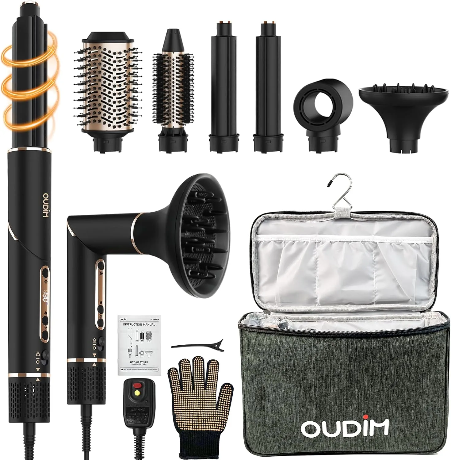 6-in-1 Multi-Functional Hot Air Comb, Interchangeable Brush Head, Negative Ion Hair Dryer Brush and Styler, Brushless Motor with 110000 RPM High-Speed, Rapid Drying, Storage Bag.
