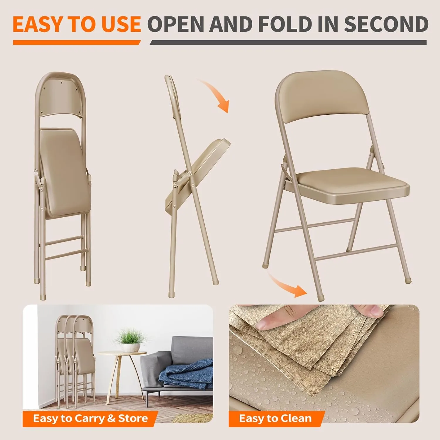 6 Pack Folding Chairs with Cushion – Padded Comfortable Foam Seating Khaki Space-Saving Foldable Chairs for Indoor Outdoor Weddings, Parties, Backyard & Office Events (Khaki, 6 Pack)