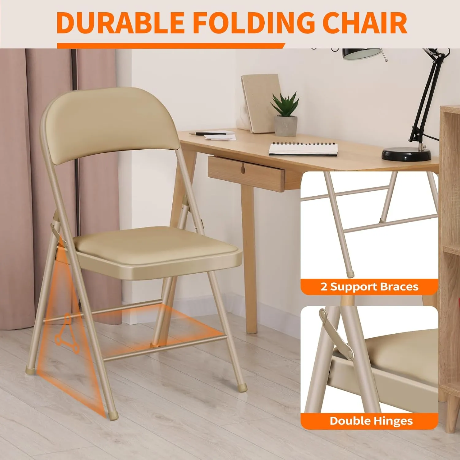 6 Pack Folding Chairs with Cushion – Padded Comfortable Foam Seating Khaki Space-Saving Foldable Chairs for Indoor Outdoor Weddings, Parties, Backyard & Office Events (Khaki, 6 Pack)