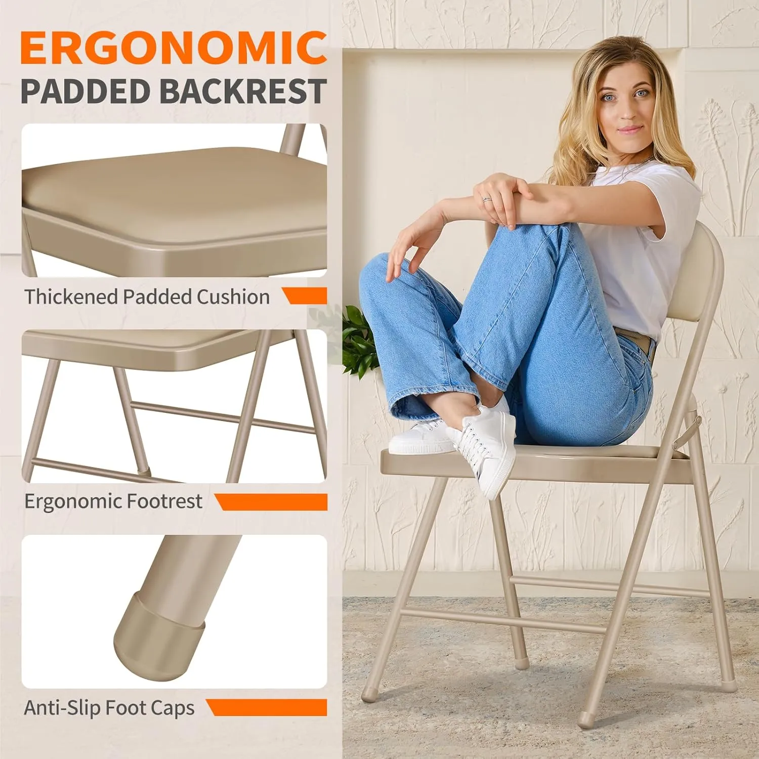 6 Pack Folding Chairs with Cushion – Padded Comfortable Foam Seating Khaki Space-Saving Foldable Chairs for Indoor Outdoor Weddings, Parties, Backyard & Office Events (Khaki, 6 Pack)