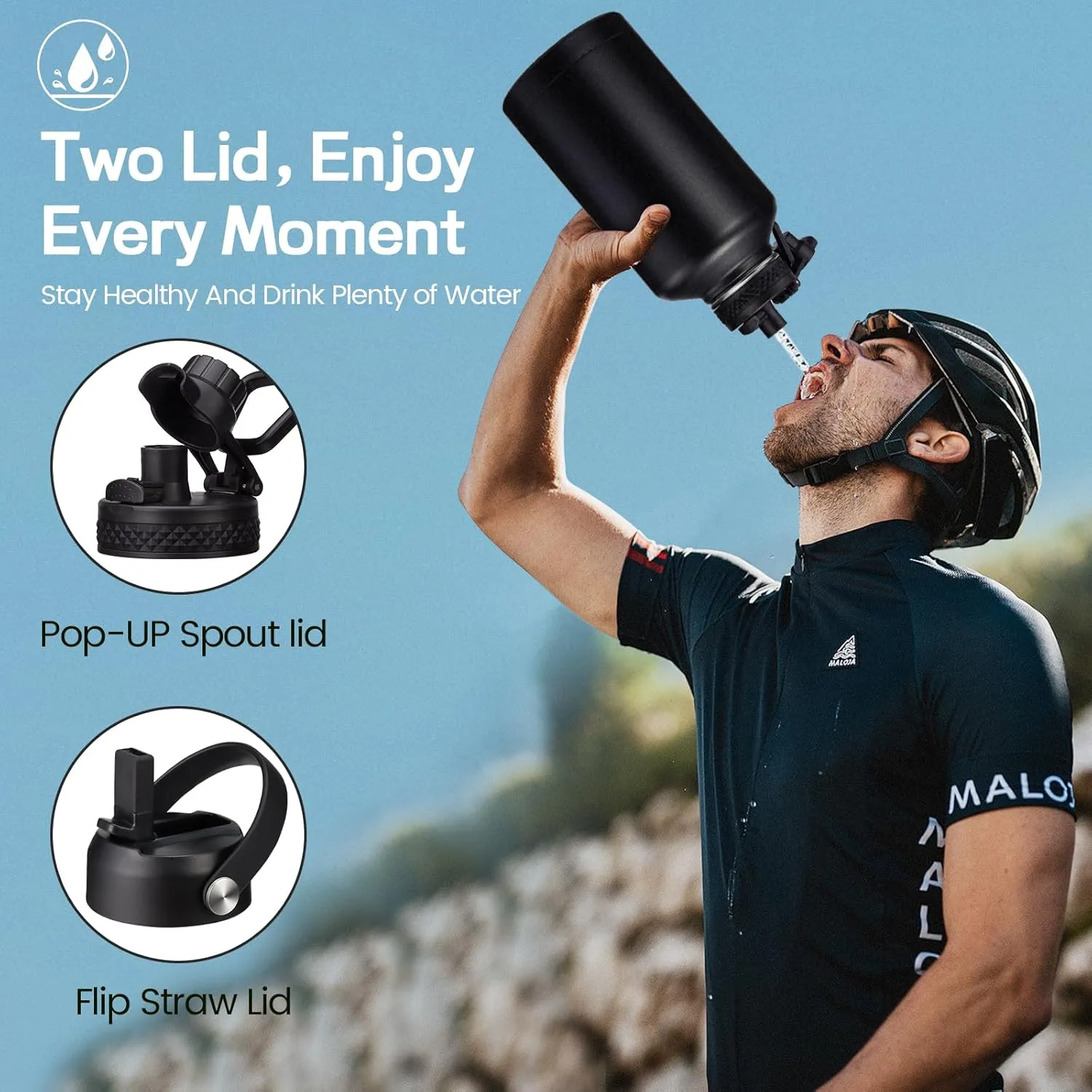 64/128 oz Half Gallon Insuated Water Bottle, (Keep Cold 48H), Leak Proof Food-Grade Stainless Steel Water Jug With Straw Lid and Atuo Spout Lid, Portable Paracord Handle & Carrier Bag Indigo Black
