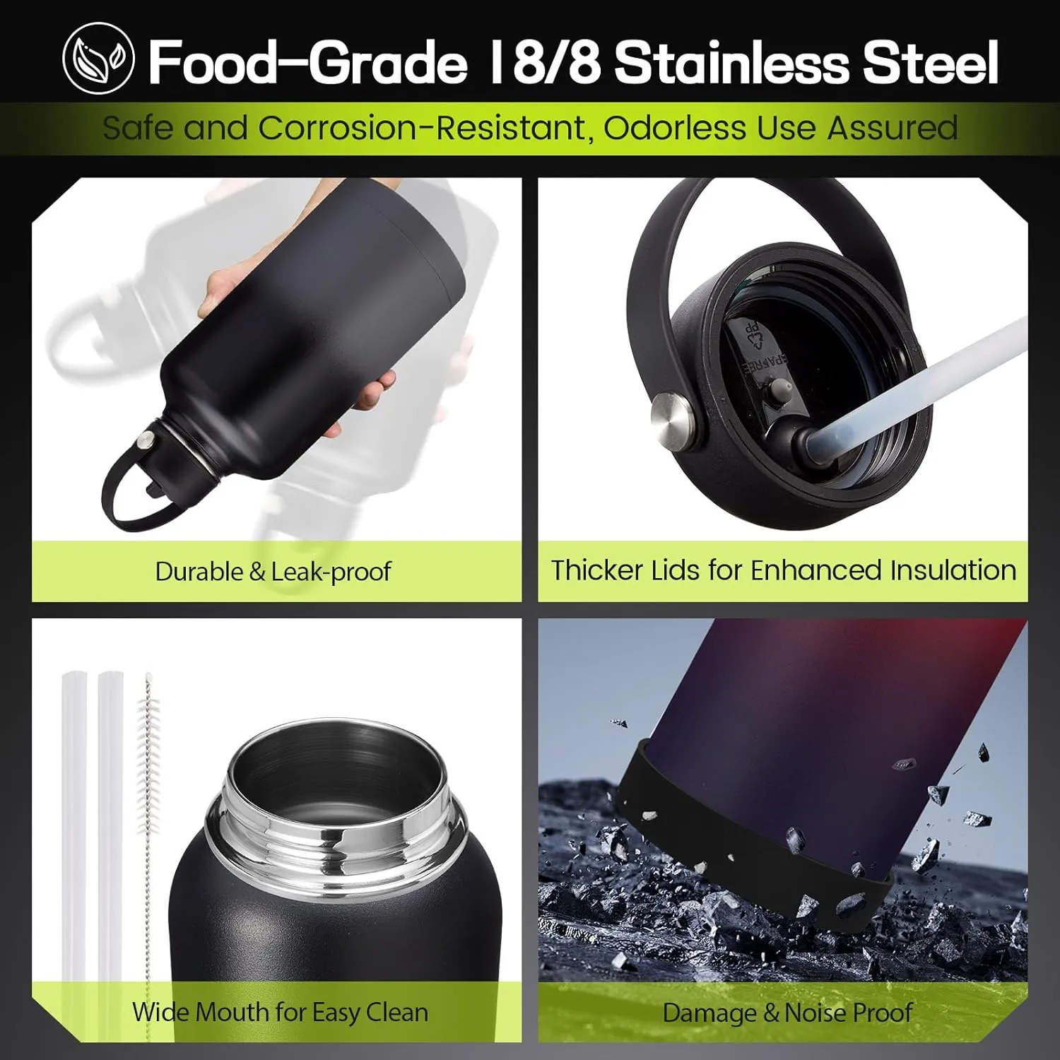 64/128 oz Half Gallon Insuated Water Bottle, (Keep Cold 48H), Leak Proof Food-Grade Stainless Steel Water Jug With Straw Lid and Atuo Spout Lid, Portable Paracord Handle & Carrier Bag Indigo Black