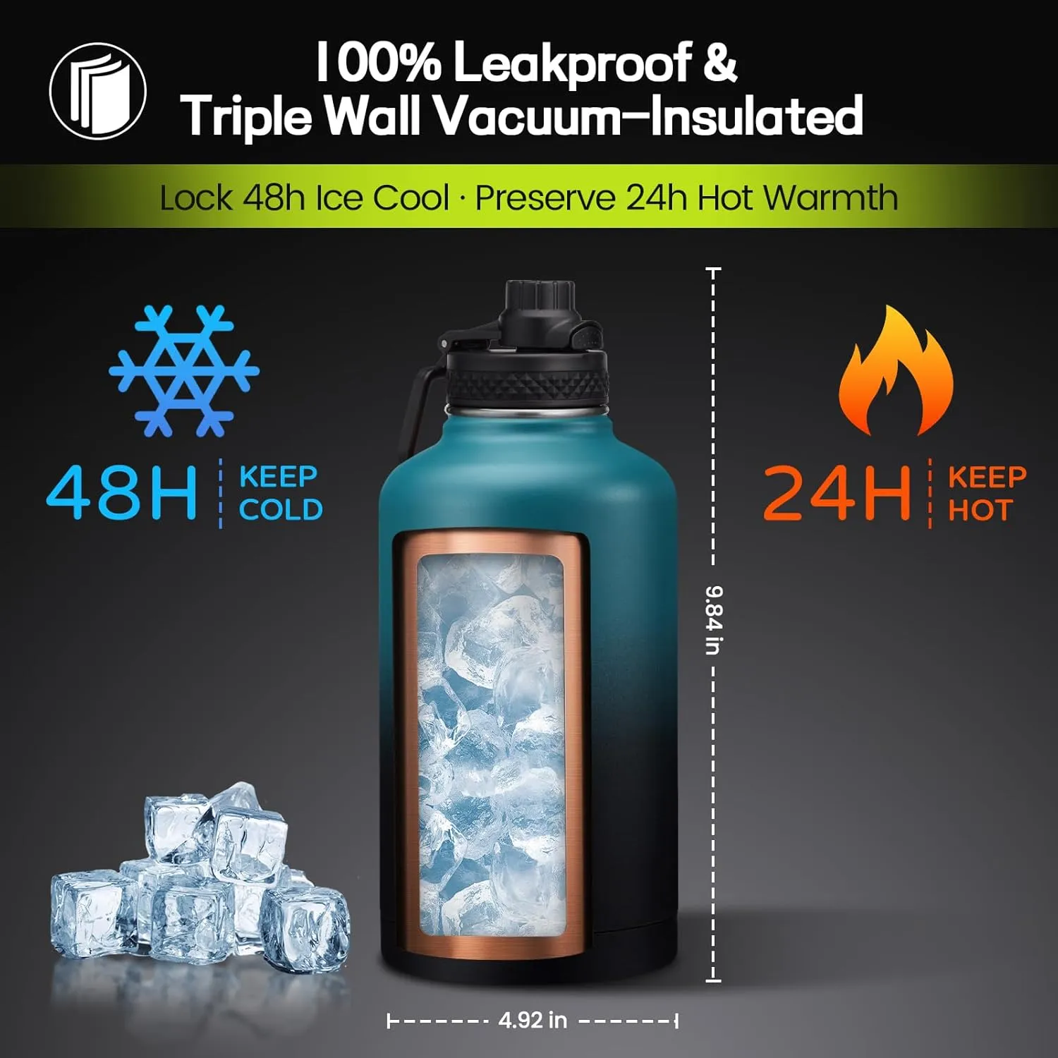 64/128 oz Half Gallon Insuated Water Bottle, (Keep Cold 48H), Leak Proof Food-Grade Stainless Steel Water Jug With Straw Lid and Atuo Spout Lid, Portable Paracord Handle & Carrier Bag Indigo Black