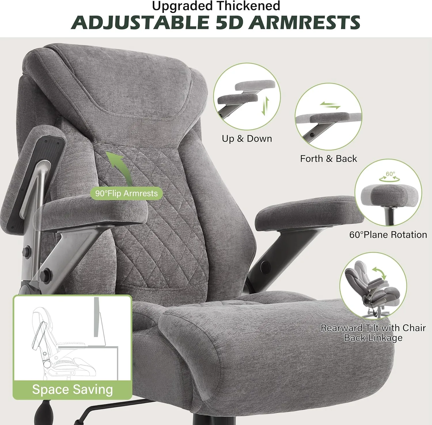 650lbs Big and Tall Office Chair with Thick Spring Cushion,5D Flip Arm Ergonomic Executive Office Chair Adjustable Lumbar Airbag&Extra Wide,Comfy Large Padded Heavy Duty Game Chair,Greycloth