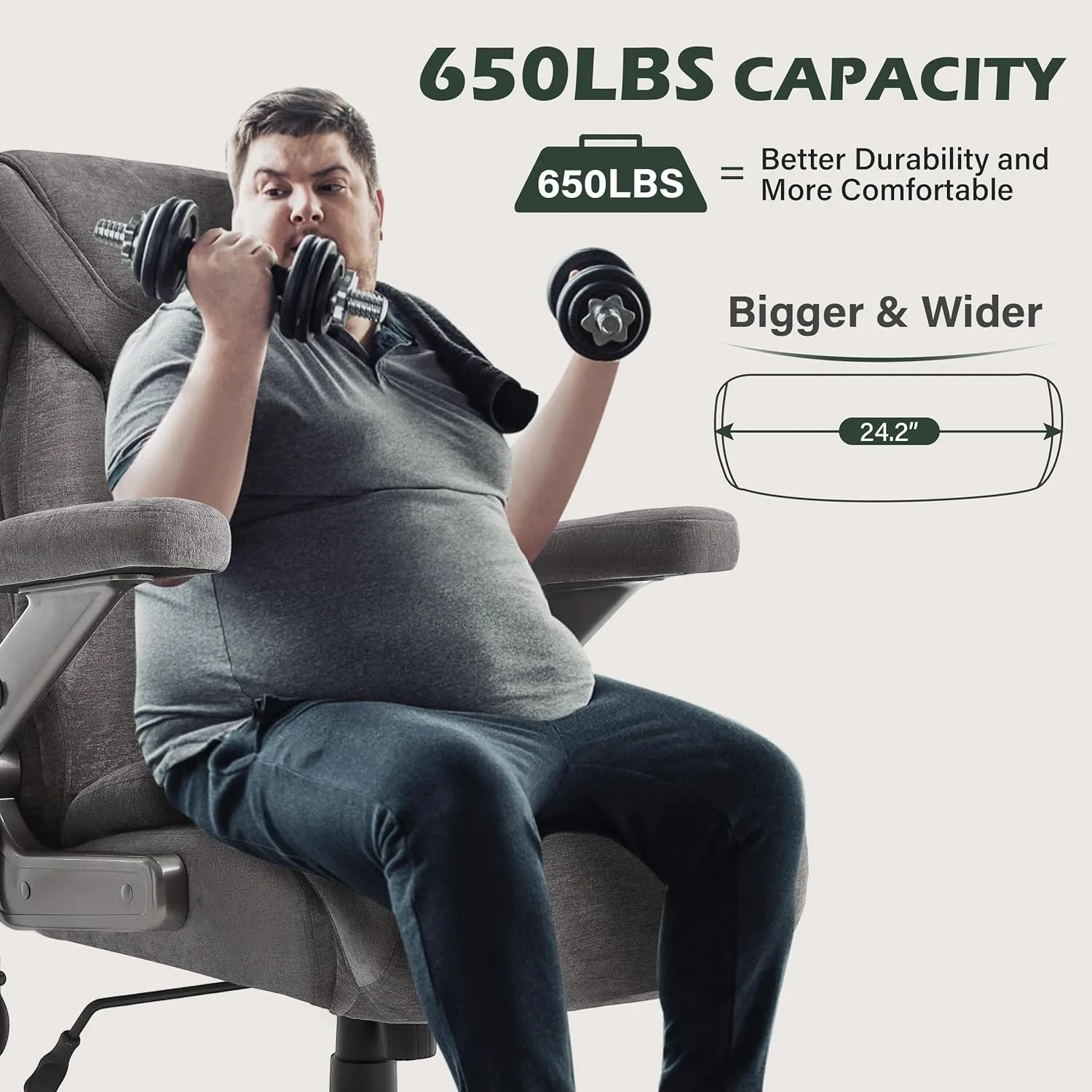 650lbs Big and Tall Office Chair with Thick Spring Cushion,5D Flip Arm Ergonomic Executive Office Chair Adjustable Lumbar Airbag&Extra Wide,Comfy Large Padded Heavy Duty Game Chair,Greycloth