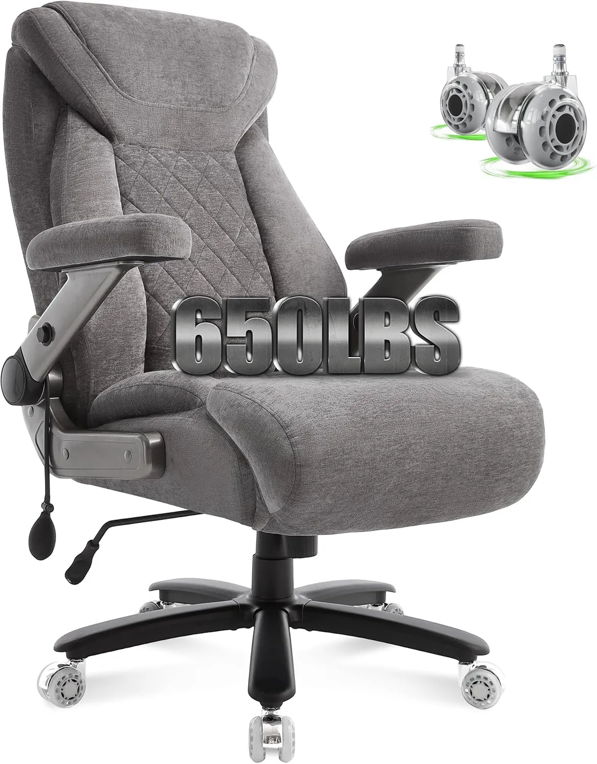 650lbs Big and Tall Office Chair with Thick Spring Cushion,5D Flip Arm Ergonomic Executive Office Chair Adjustable Lumbar Airbag&Extra Wide,Comfy Large Padded Heavy Duty Game Chair,Greycloth