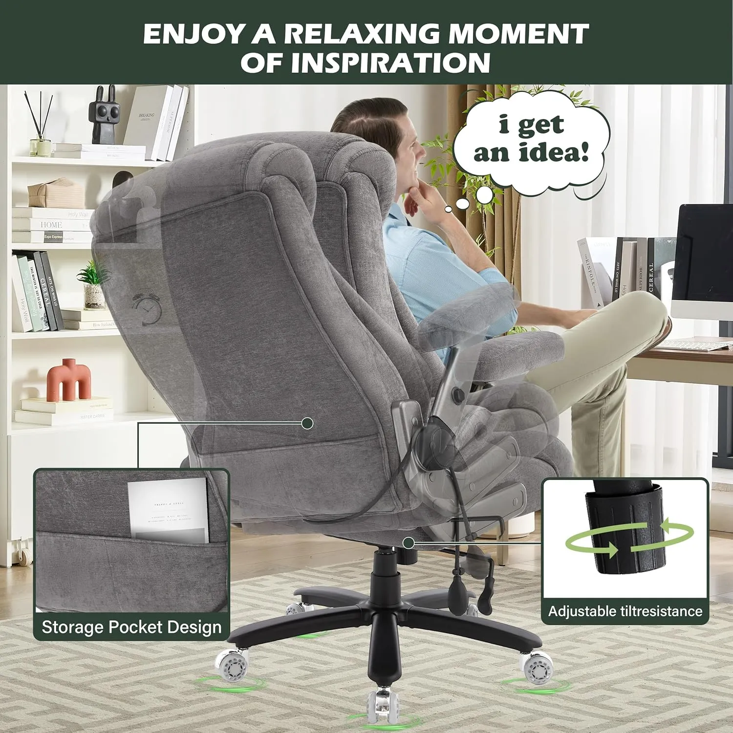 650lbs Big and Tall Office Chair with Thick Spring Cushion,5D Flip Arm Ergonomic Executive Office Chair Adjustable Lumbar Airbag&Extra Wide,Comfy Large Padded Heavy Duty Game Chair,Greycloth
