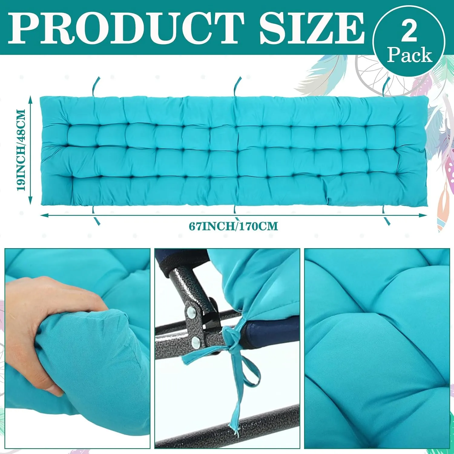 67 x 19 Inch Chaise Lounge Cushions Soft Lounge Chair Cushion Gravity Chair Cushion Sofa Lawn Furniture Cushion Pad with 6 Tie for Outdoor Indoor Patio Home Without Headrest (Lake Blue,2 Pcs)