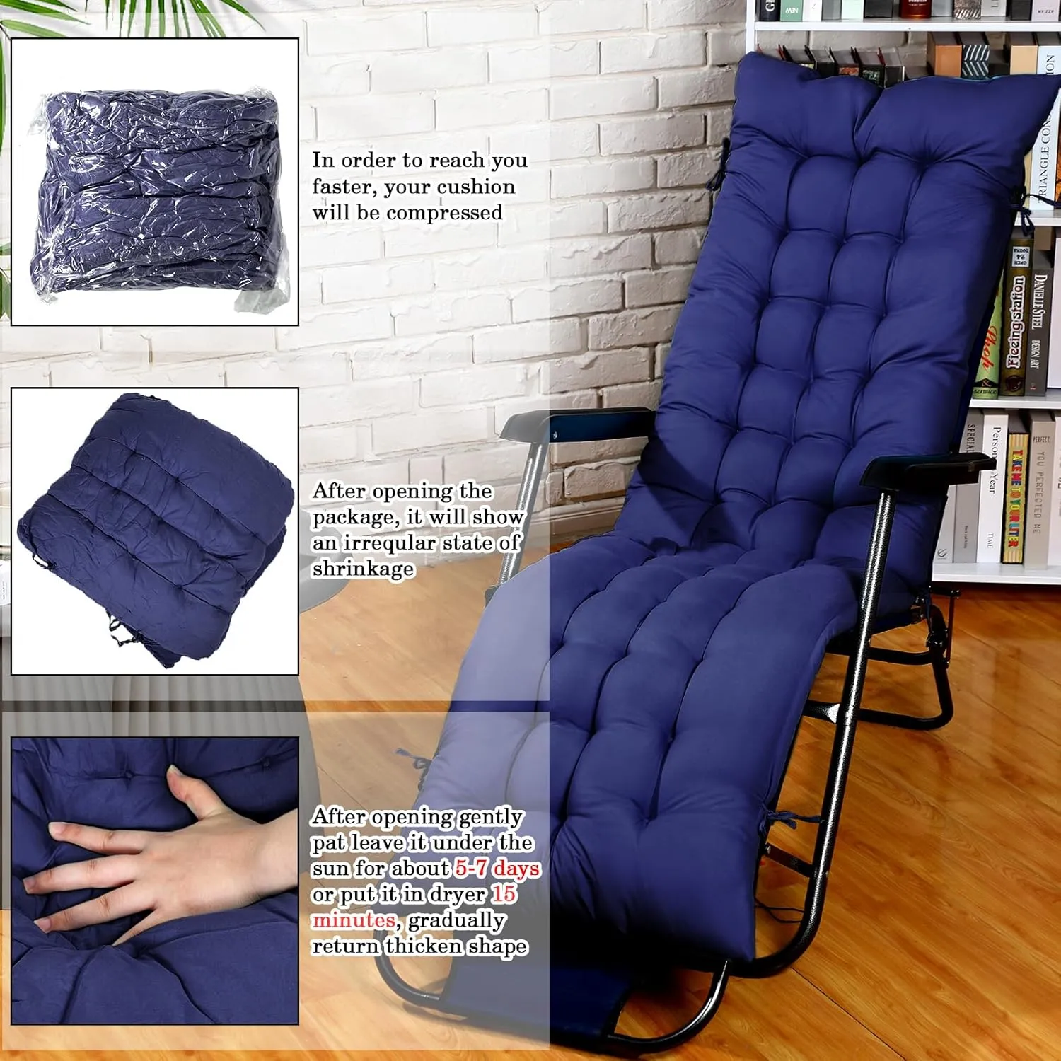 67 x 19 Inch Chaise Lounge Cushions Soft Lounge Chair Cushion Gravity Chair Cushion Sofa Lawn Furniture Cushion Pad with 6 Tie for Outdoor Indoor Patio Home Without Headrest (Navy Blue,2 Pcs)