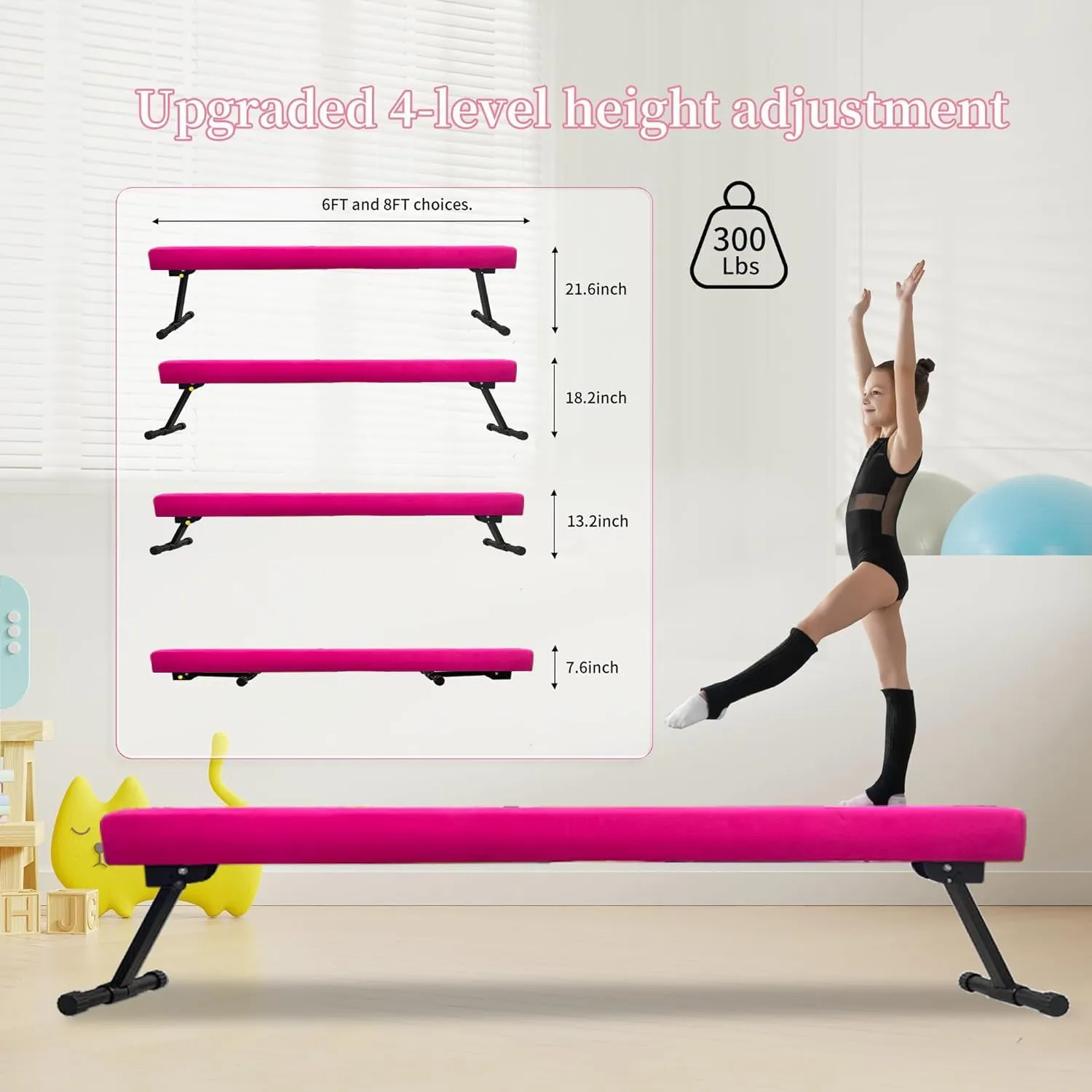6FT Adjustable&Foldable Gymnastics Balance Beam,Home Gym Equipment,Easy Assembling and Storage,No Tool Require,for Kids Children Girls Training Ages 3-12