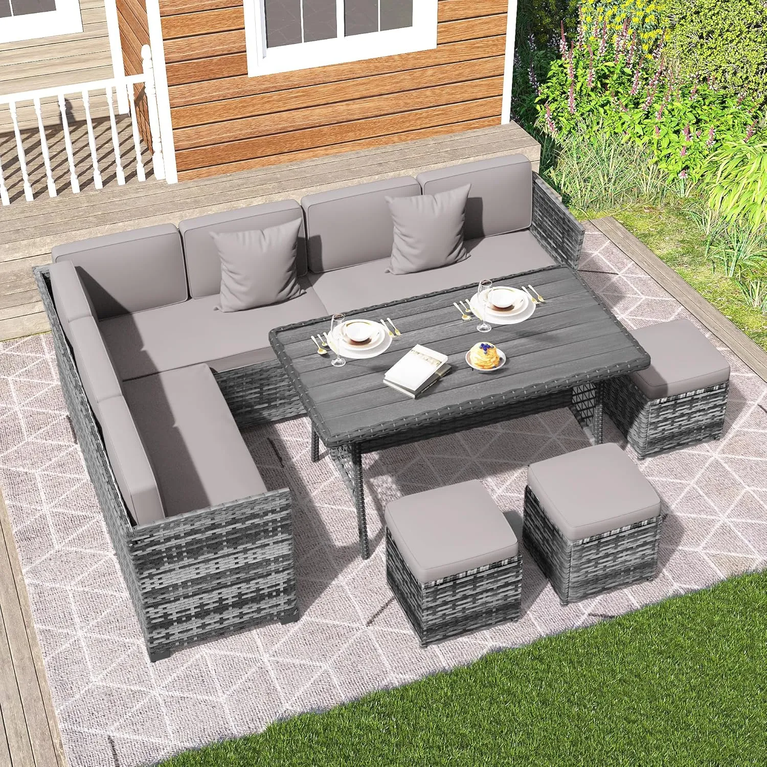 7 Pieces Patio Dining Sets, Patio Furniture Set, All Weather Wicker Conversation Set with Ottoman, Sectional Sofa with Dining Table and Chair (6247 Light Grey-Light Grey)