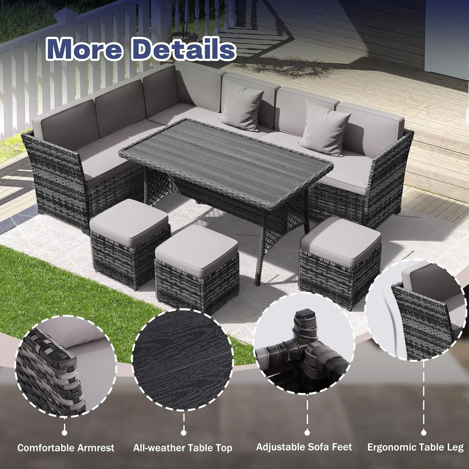 7 Pieces Patio Dining Sets, Patio Furniture Set, All Weather Wicker Conversation Set with Ottoman, Sectional Sofa with Dining Table and Chair (6247 Light Grey-Light Grey)