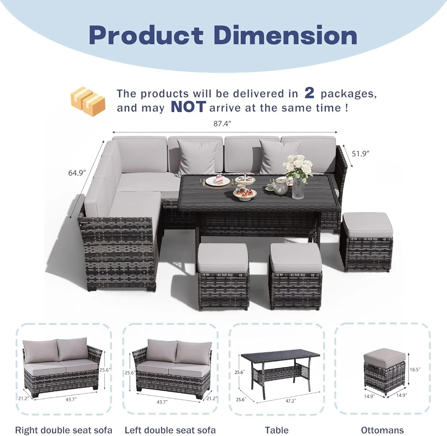 7 Pieces Patio Dining Sets, Patio Furniture Set, All Weather Wicker Conversation Set with Ottoman, Sectional Sofa with Dining Table and Chair (6247 Light Grey-Light Grey)