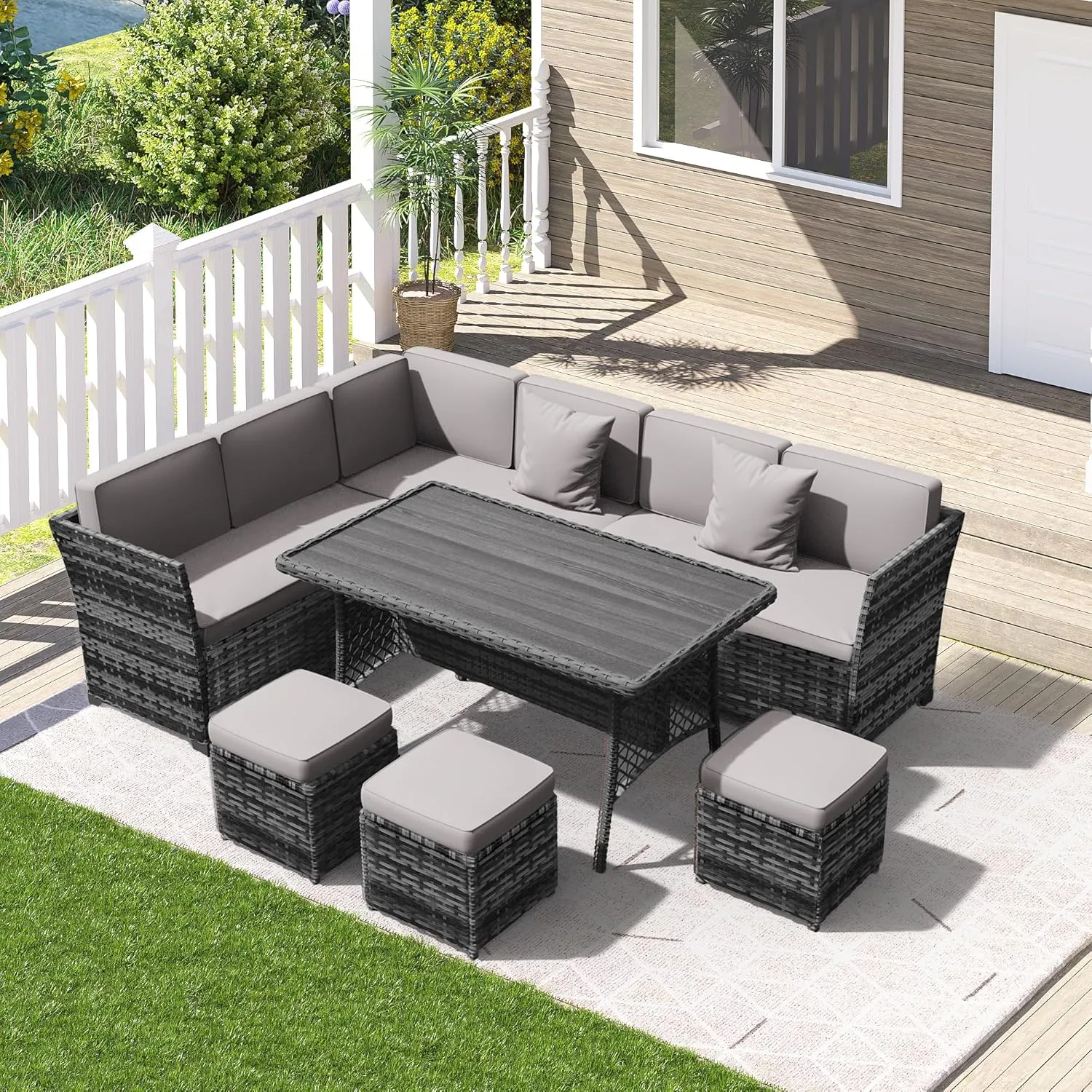 7 Pieces Patio Dining Sets, Patio Furniture Set, All Weather Wicker Conversation Set with Ottoman, Sectional Sofa with Dining Table and Chair (6247 Light Grey-Light Grey)