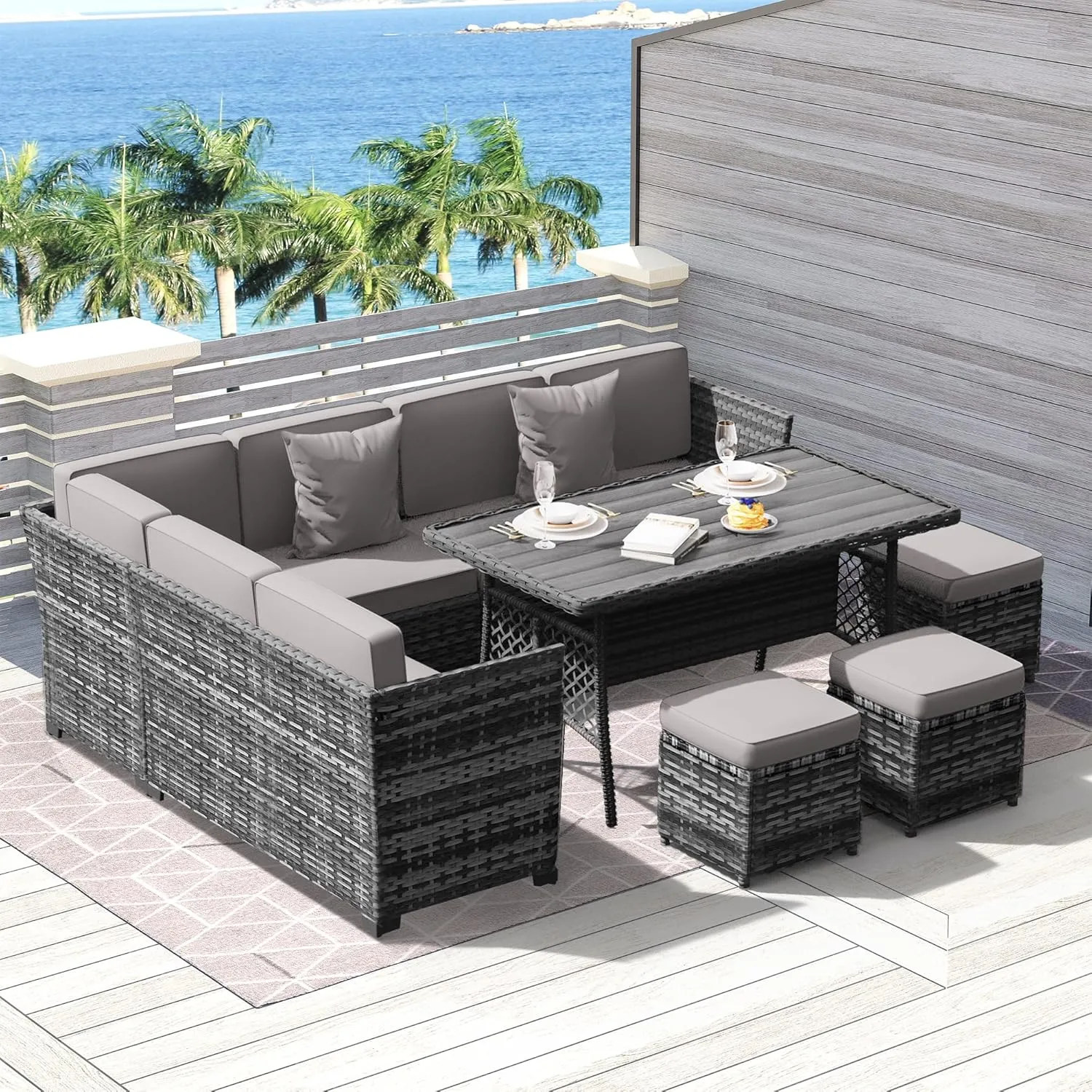 7 Pieces Patio Dining Sets, Patio Furniture Set, All Weather Wicker Conversation Set with Ottoman, Sectional Sofa with Dining Table and Chair (6247 Light Grey-Light Grey)