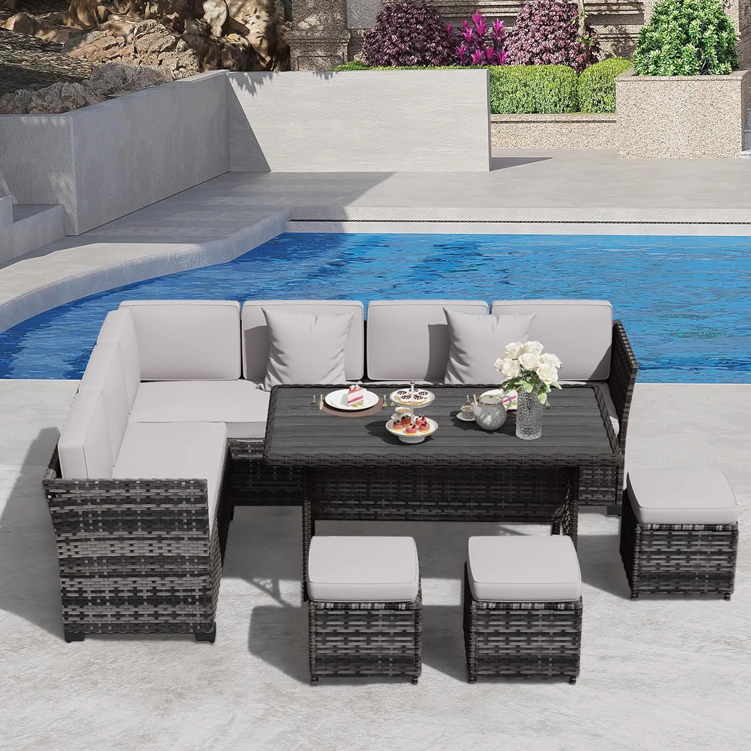 7 Pieces Patio Dining Sets, Patio Furniture Set, All Weather Wicker Conversation Set with Ottoman, Sectional Sofa with Dining Table and Chair (6247 Light Grey-Light Grey)