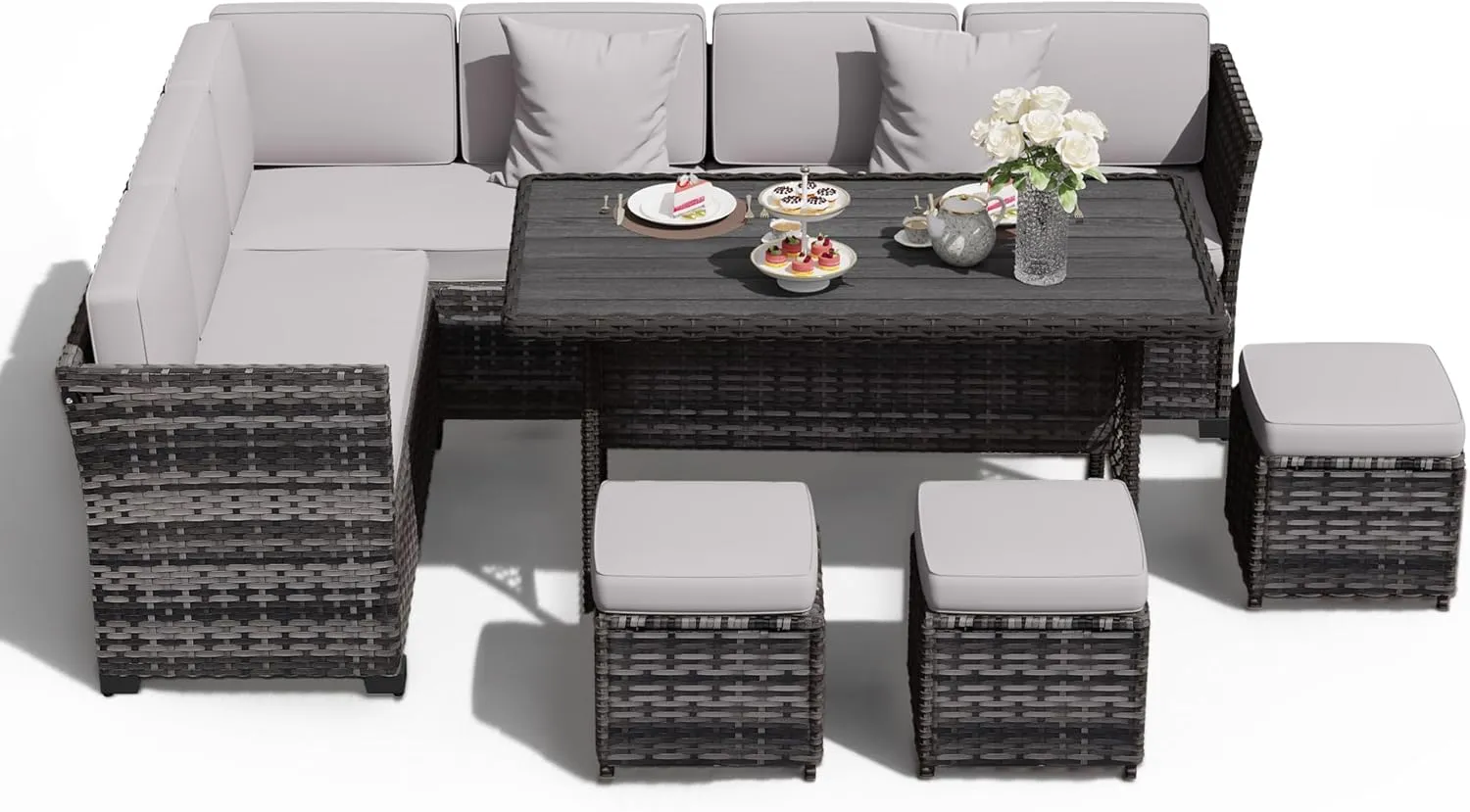 7 Pieces Patio Dining Sets, Patio Furniture Set, All Weather Wicker Conversation Set with Ottoman, Sectional Sofa with Dining Table and Chair (6247 Light Grey-Light Grey)
