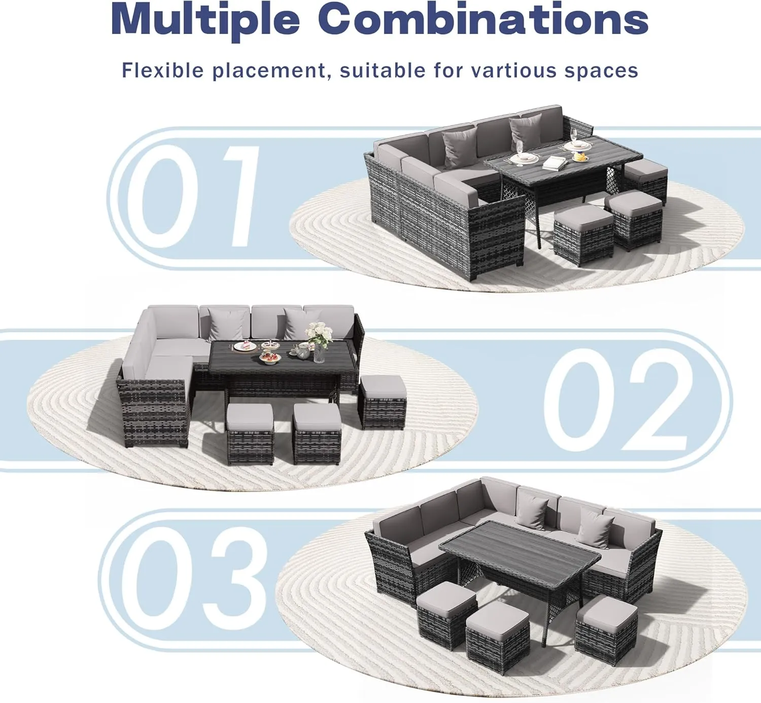 7 Pieces Patio Dining Sets, Patio Furniture Set, All Weather Wicker Conversation Set with Ottoman, Sectional Sofa with Dining Table and Chair (6247 Light Grey-Light Grey)